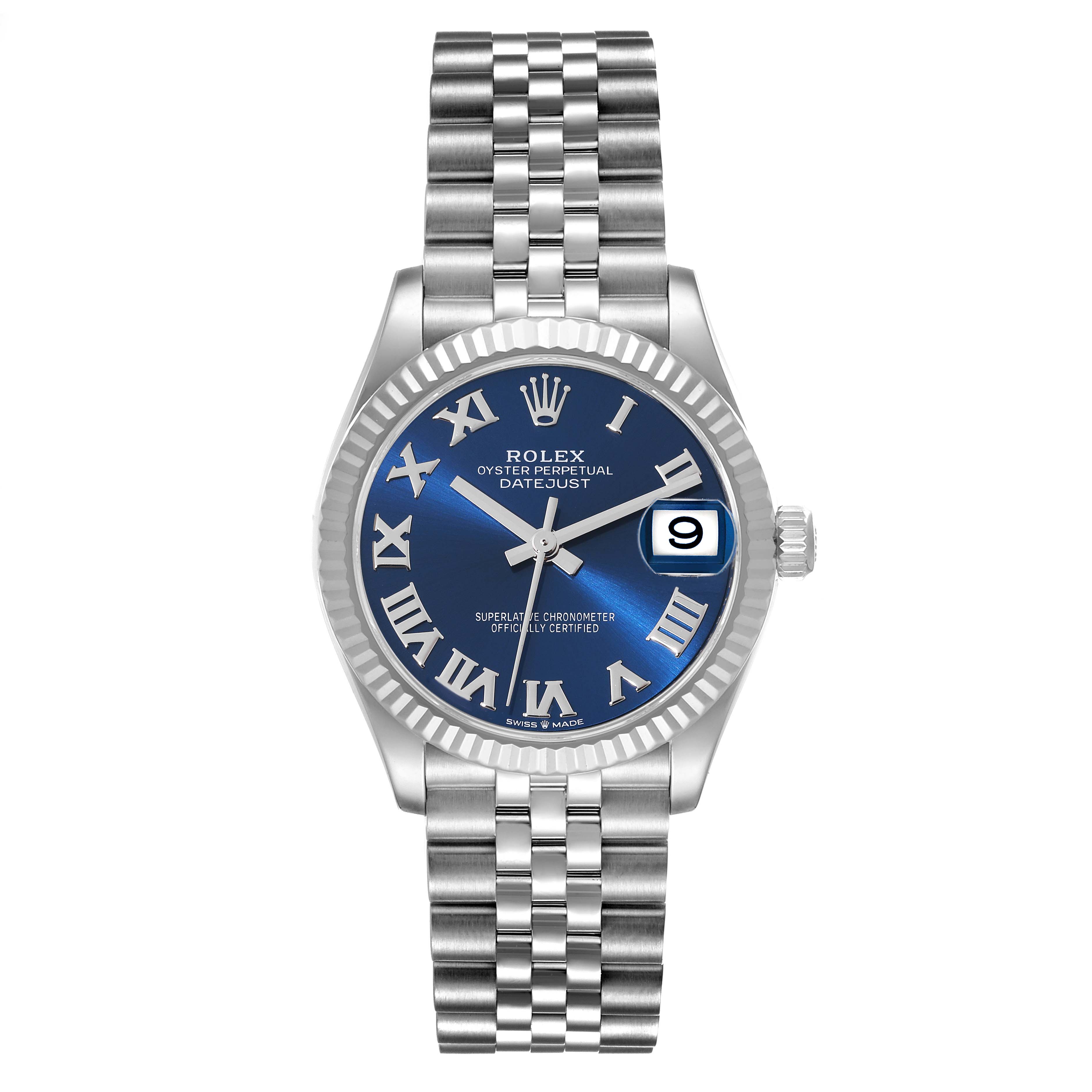 The Rolex Mid-Size 278274 Women's Stainless Steel Blue Dial 278274 Women's Stainless Steel Blue Dial Datejust watch is shown from the front, featuring a blue dial, Roman numerals, date window, and stainless steel bracelet.