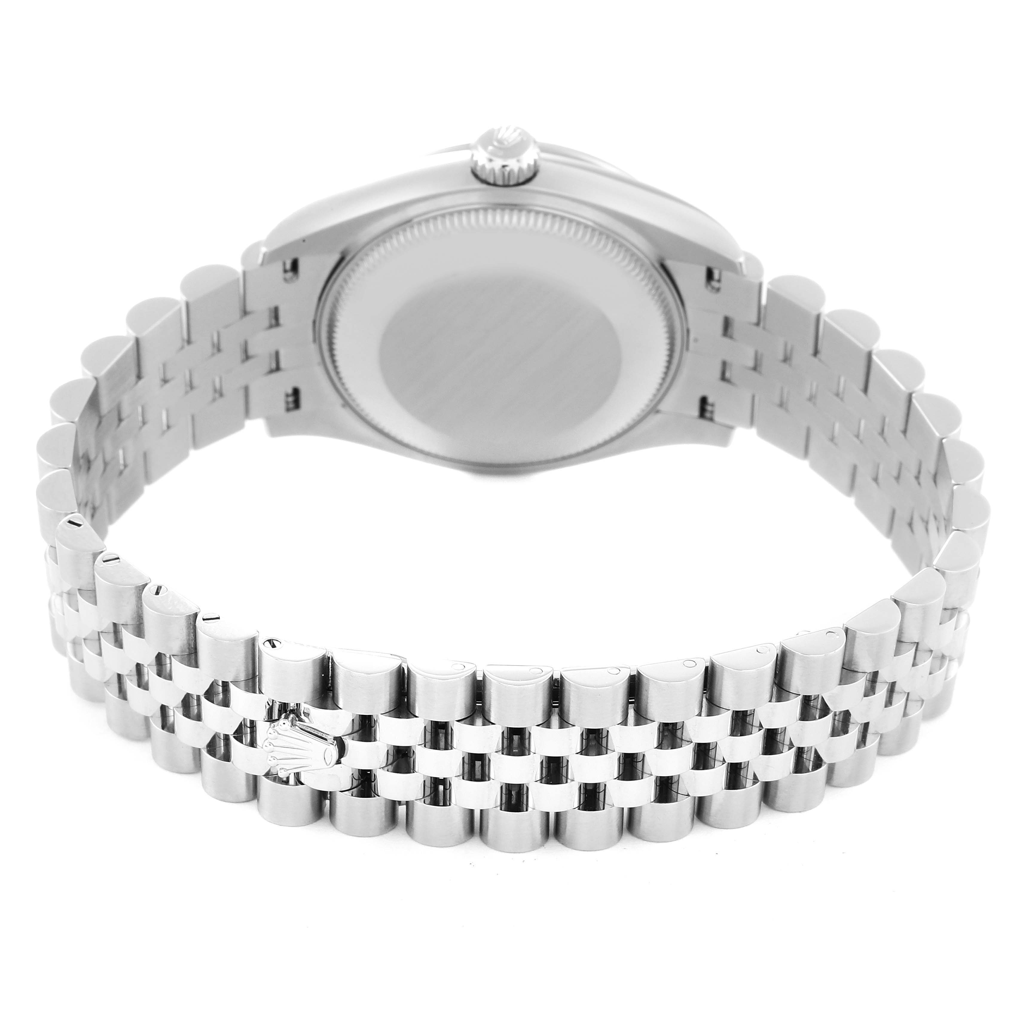 The image displays the back of a Mid-Size Rolex watch, showing the case back and the bracelet.