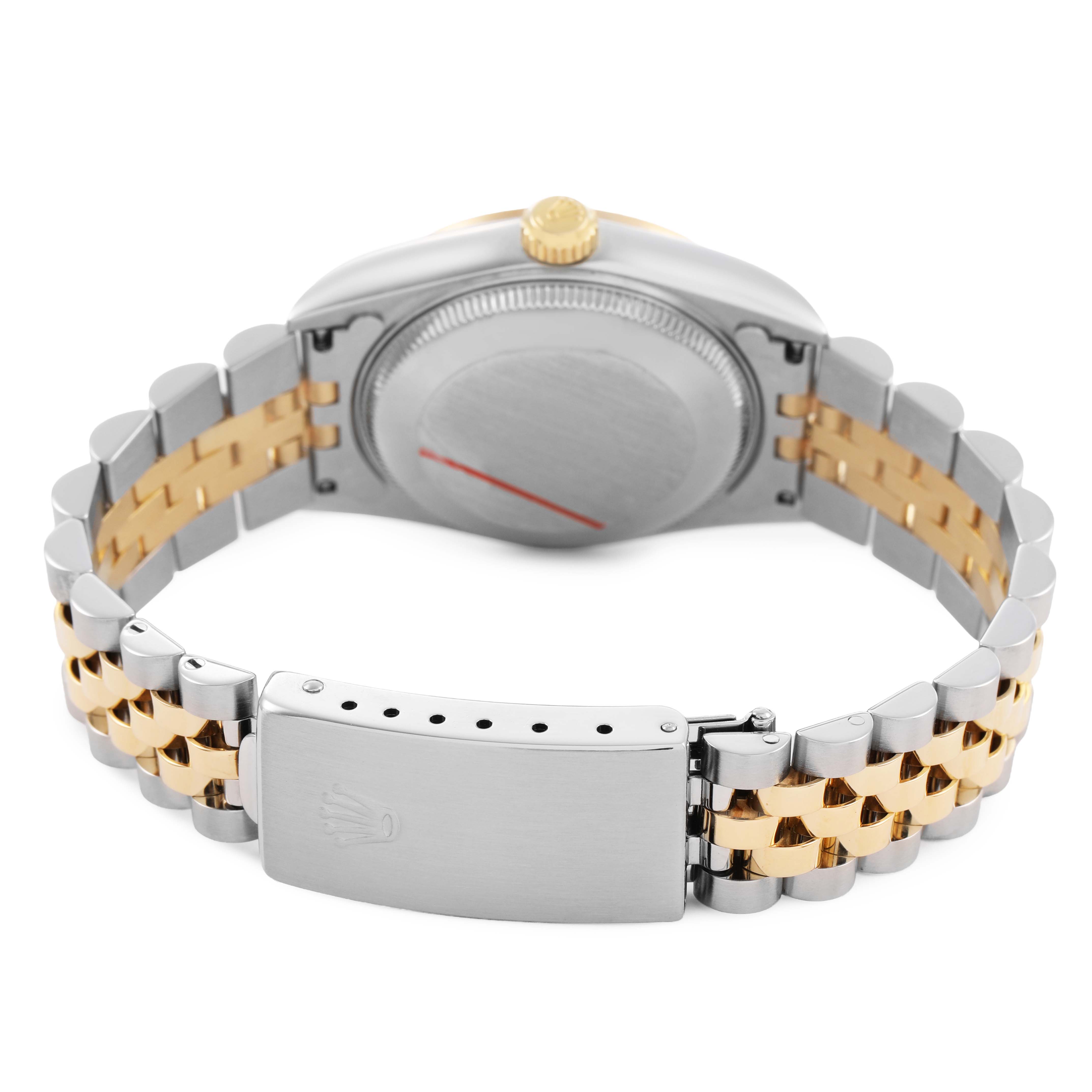 The image shows a rear view of a Rolex Mid-Size 78273 Women's Steel and Gold (two tone) Blue Dial watch, focusing on the case back and two-tone bracelet with the clasp.