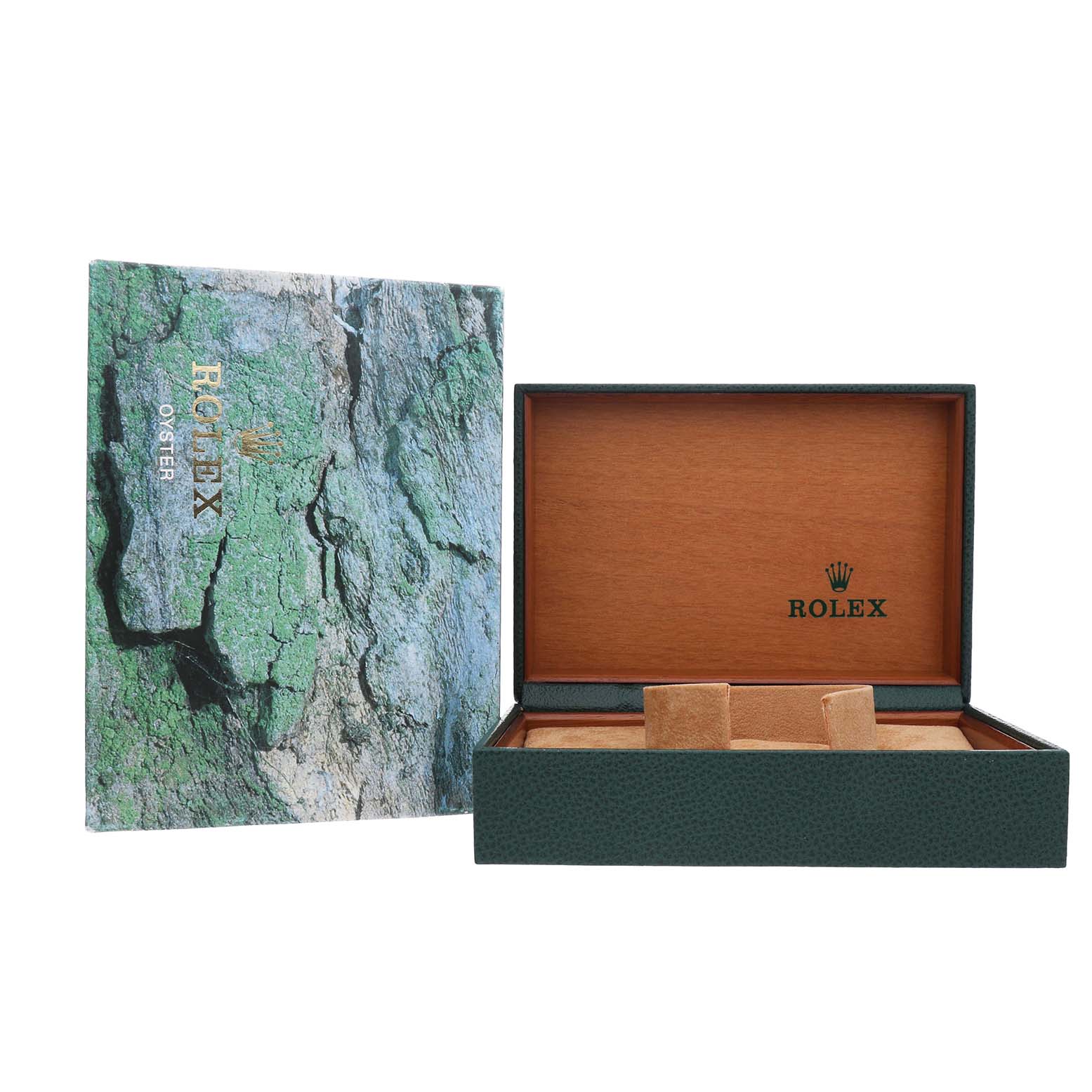 The image shows a Rolex Mid-Size 78273 Women's Steel and Gold (two tone) Blue Dial watch box and outer packaging, both open.
