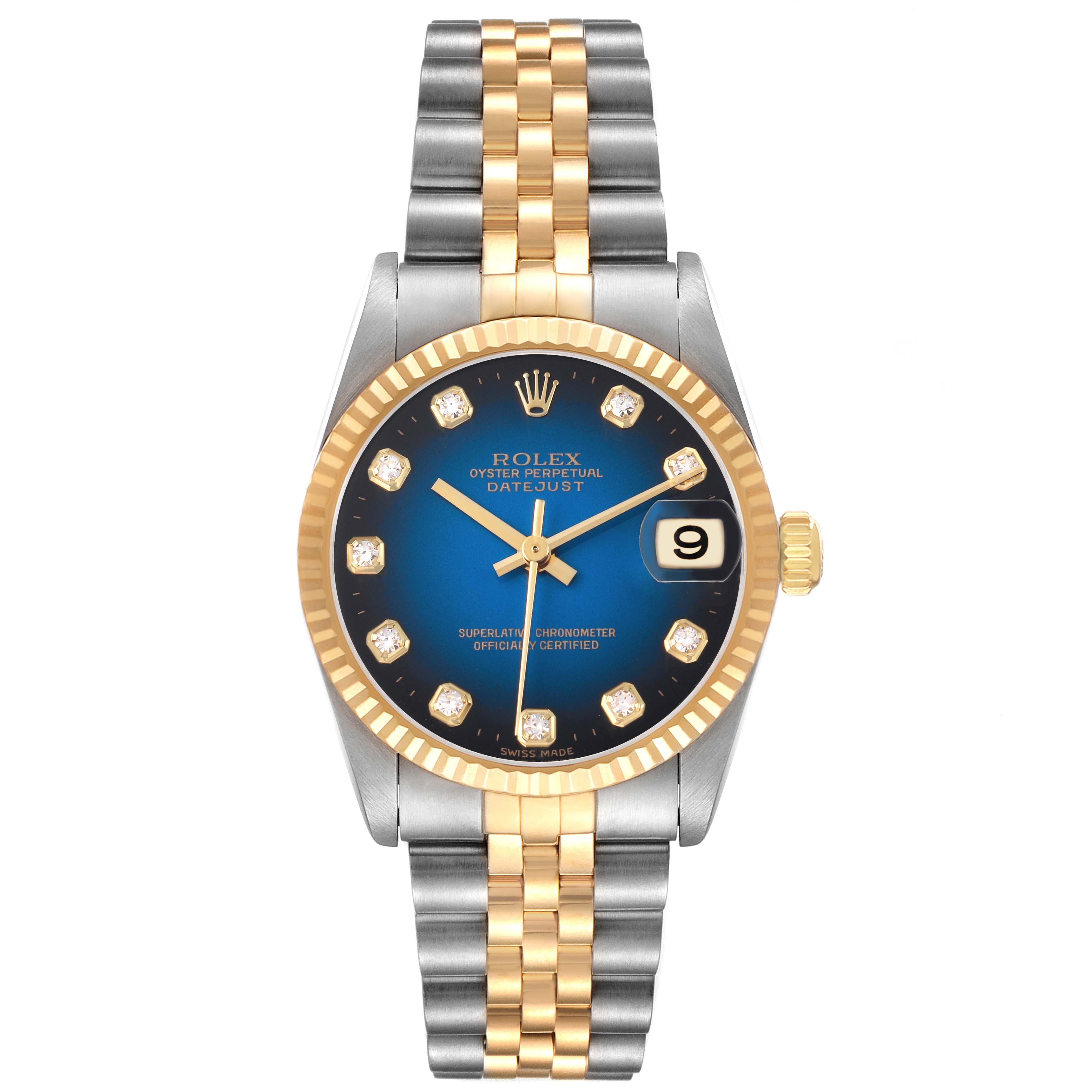 The Rolex Mid-Size 78273 Women's Steel and Gold (two tone) Blue Dial watch is shown from the front, displaying the dial, bezel, and two-tone bracelet.