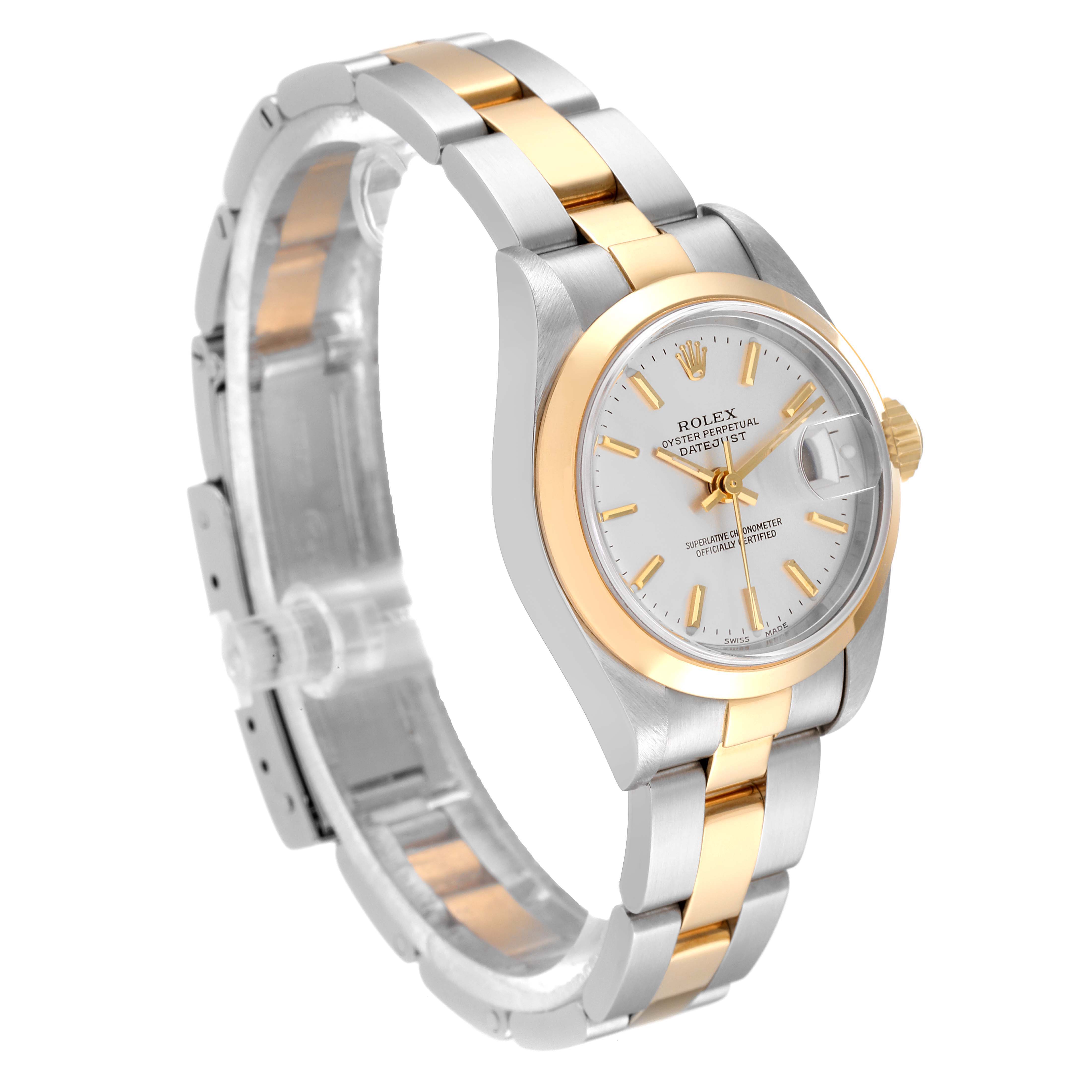 The image shows a Rolex Datejust 79163 Women's Steel and Gold (two tone) Silver Dial 79163 Women's Steel and Gold (two tone) Silver Dial watch at a three-quarter angle, displaying the bezel, dial, case, and bracelet.