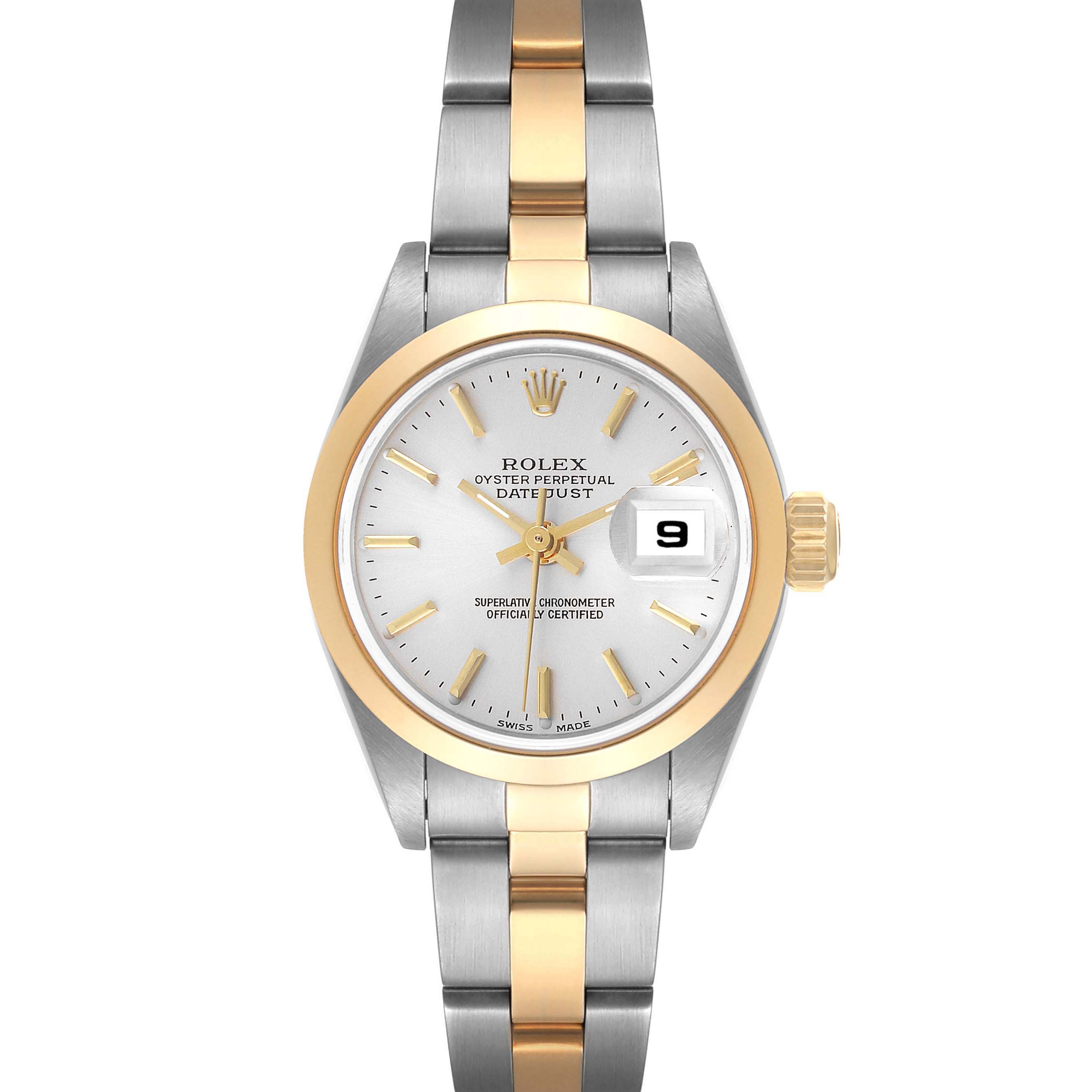 The Rolex Datejust 79163 Women's Steel and Gold (two tone) Silver Dial 79163 Women's Steel and Gold (two tone) Silver Dial watch is shown from a top-down angle, displaying the face, bezel, and part of the bracelet.