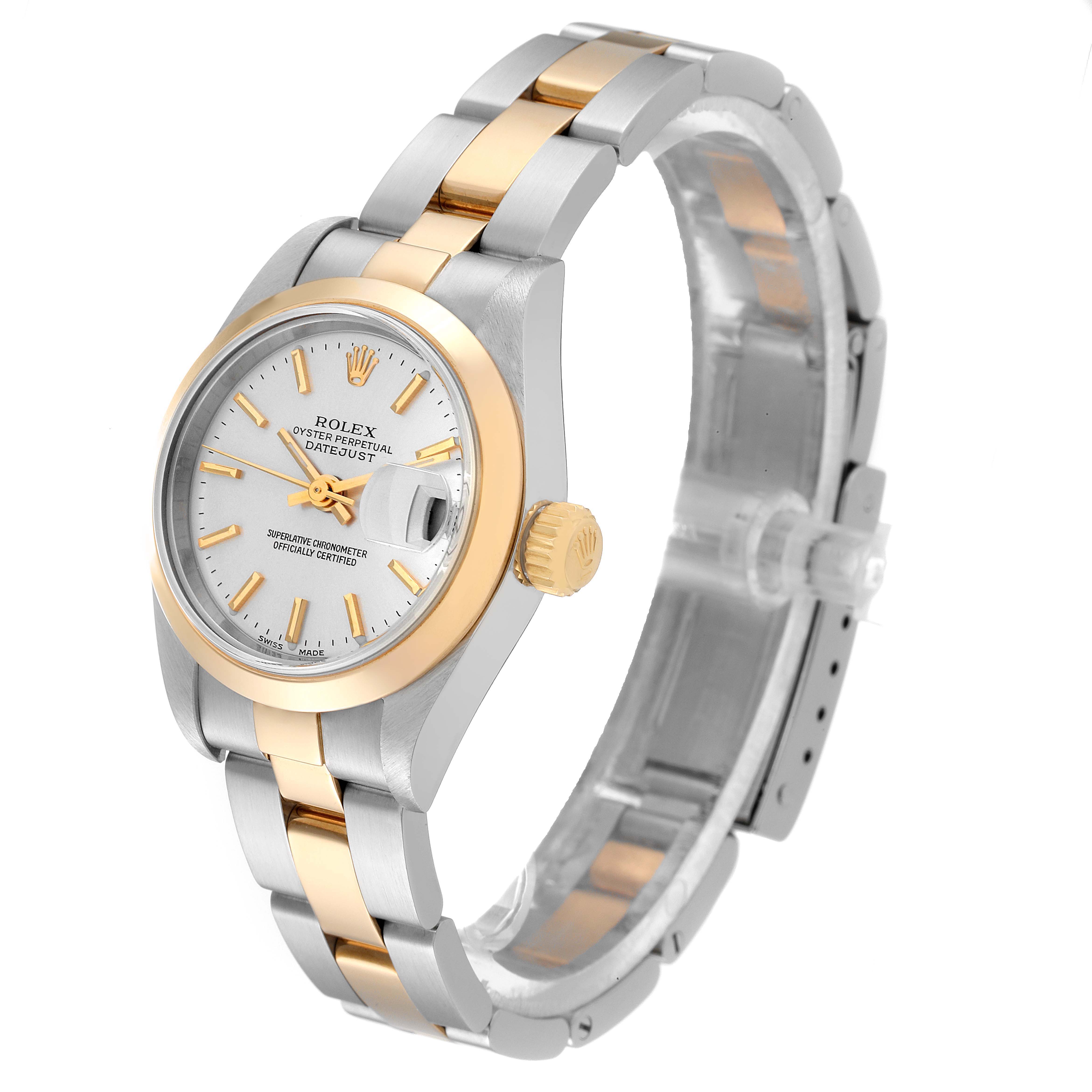 This image shows a Rolex Datejust 79163 Women's Steel and Gold (two tone) Silver Dial 79163 Women's Steel and Gold (two tone) Silver Dial watch at a 3/4 angle, highlighting the face, bezel, crown, and bracelet.