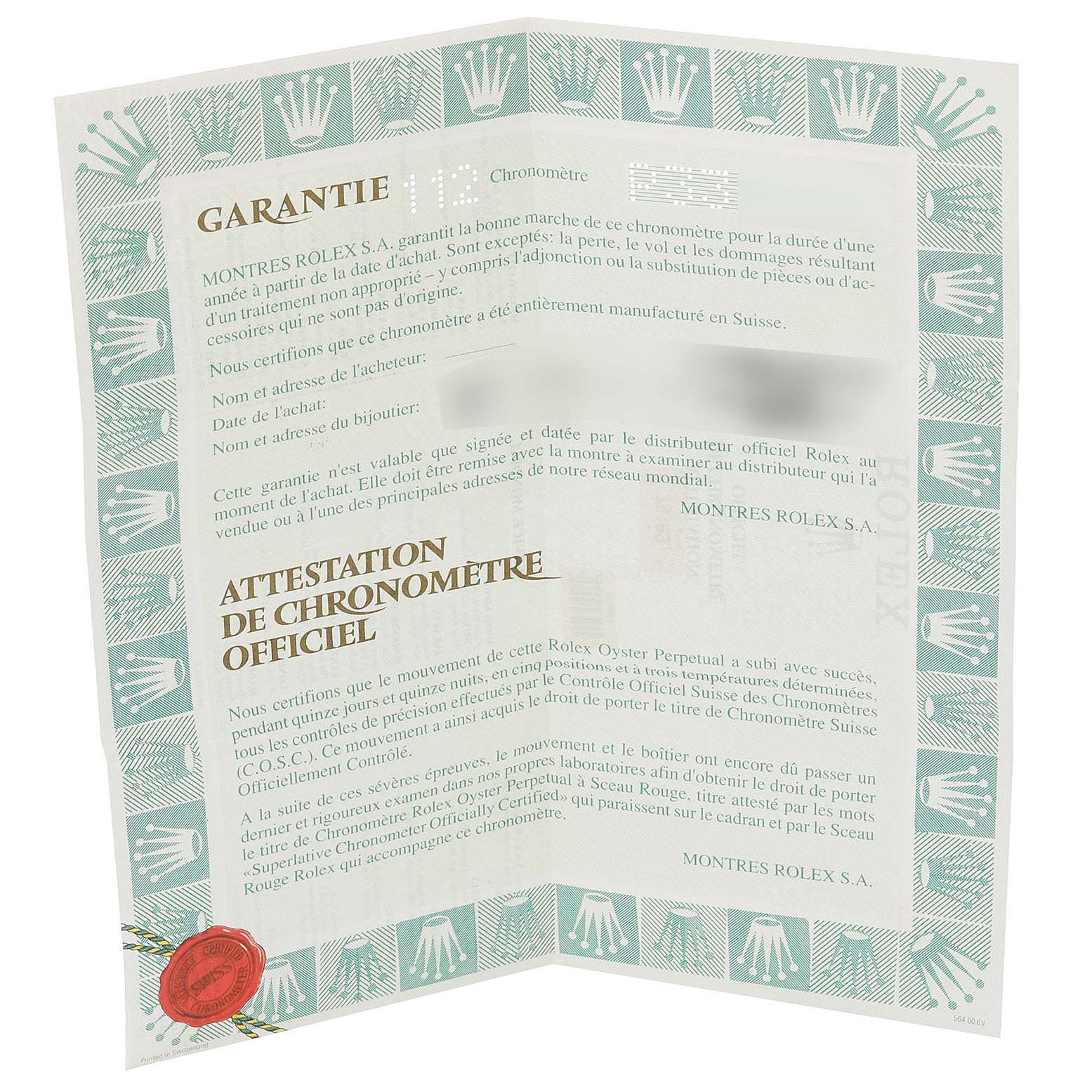 The image shows the warranty card and chronometer certificate for a Rolex Datejust 79163 Women's Steel and Gold (two tone) Silver Dial 79163 Women's Steel and Gold (two tone) Silver Dial watch, with details mostly in French.