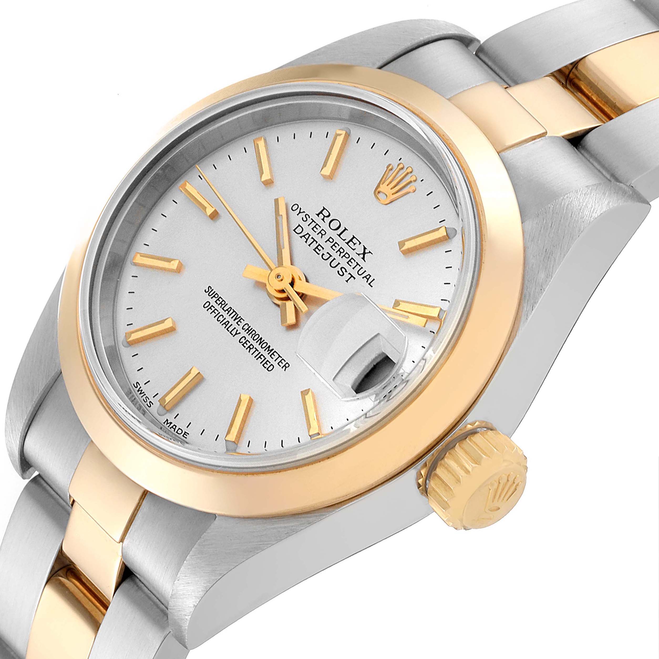 The image shows a Rolex Datejust 79163 Women's Steel and Gold (two tone) Silver Dial 79163 Women's Steel and Gold (two tone) Silver Dial watch angled to display its dial, bezel, crown, and part of the bracelet.