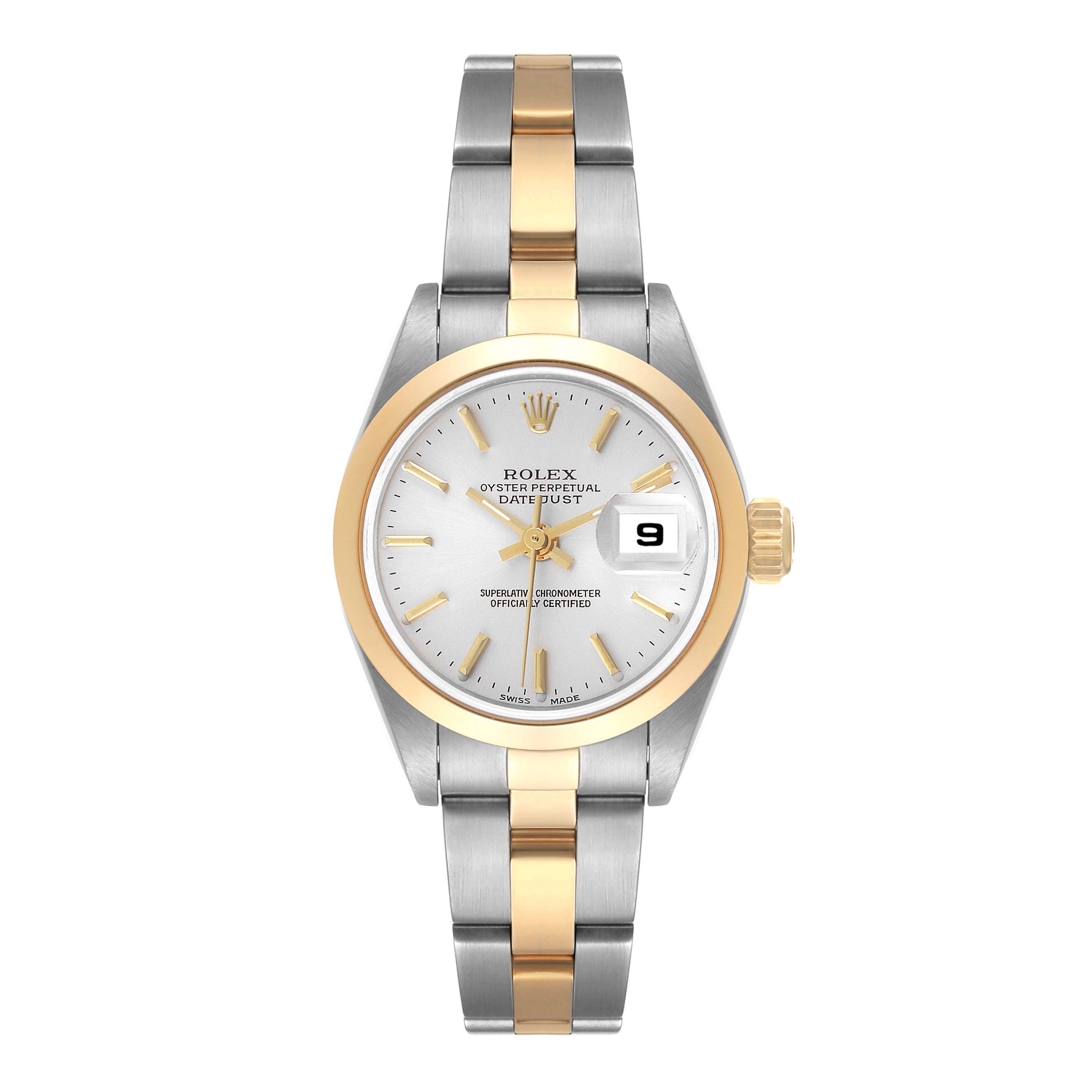 The Rolex Datejust 79163 Women's Steel and Gold (two tone) Silver Dial 79163 Women's Steel and Gold (two tone) Silver Dial watch is shown from a top-down angle, displaying the face, bezel, and full bracelet.