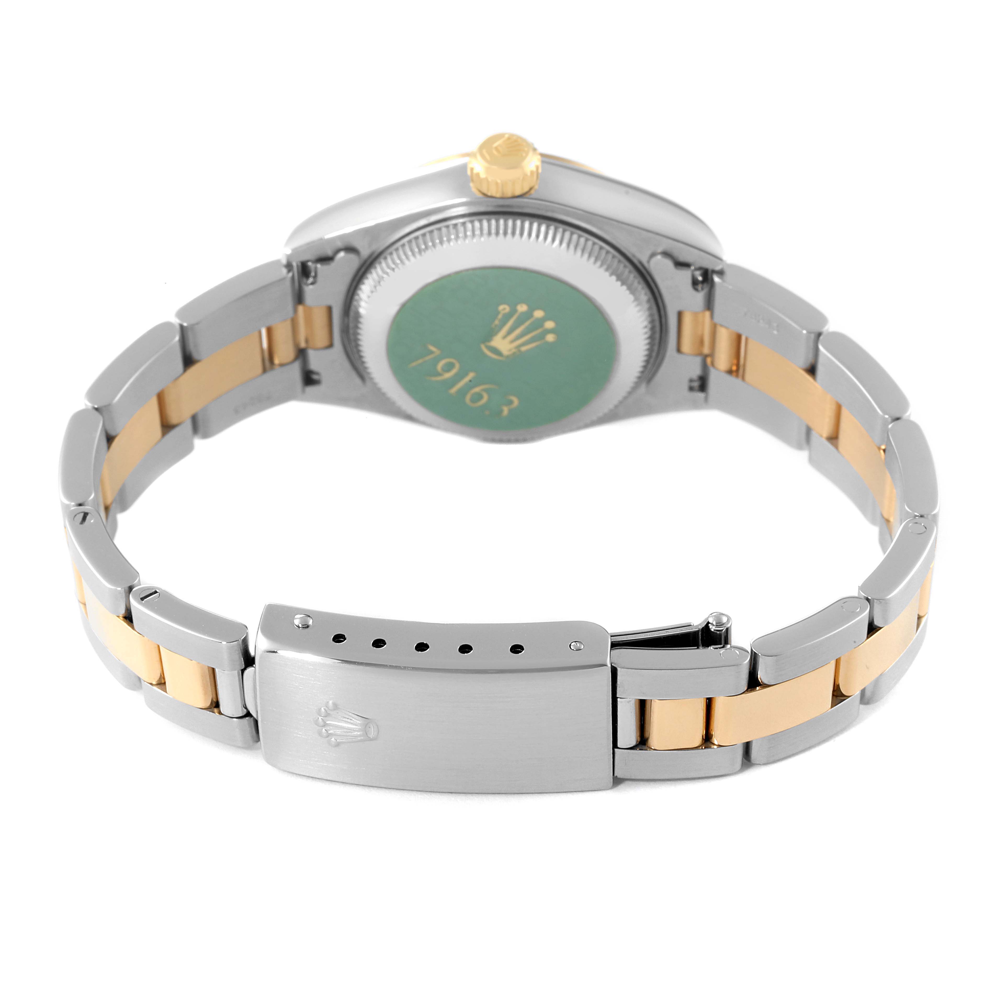 The image shows the back view of a Rolex Datejust 79163 Women's Steel and Gold (two tone) Silver Dial 79163 Women's Steel and Gold (two tone) Silver Dial watch, including the case back and the bracelet clasp.