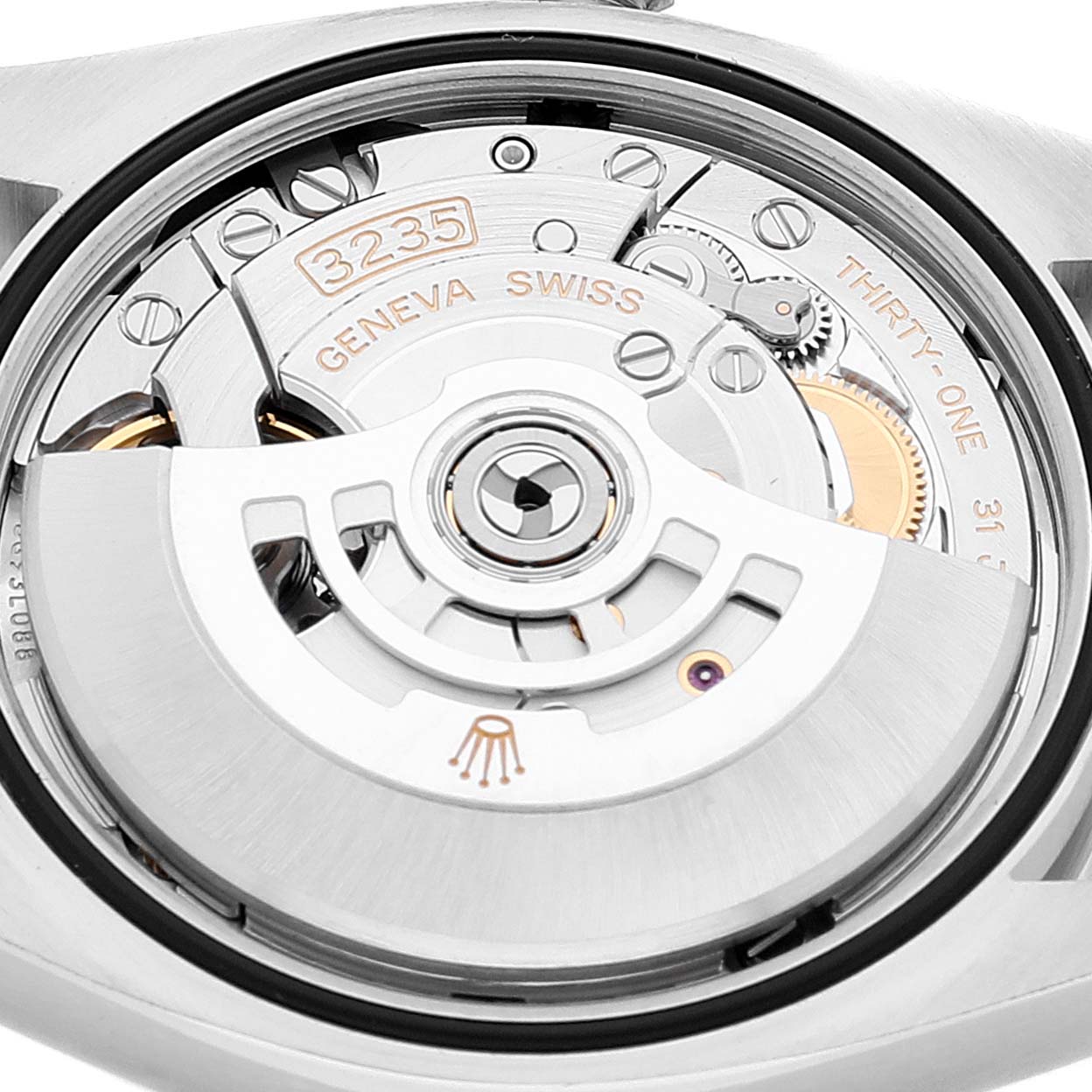 The image shows the movement and inner mechanics of the Rolex Datejust 126234 Men's Stainless Steel Silver Dial 126234 Men's Stainless Steel Silver Dial watch, viewed from the back.