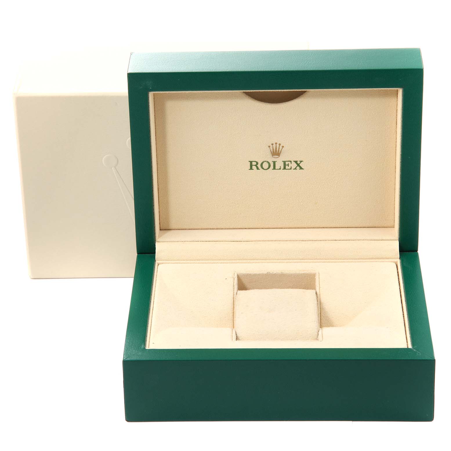 The image shows an open green and beige Rolex Datejust 126234 Men's Stainless Steel Silver Dial 126234 Men's Stainless Steel Silver Dial watch box from an angle revealing the interior.