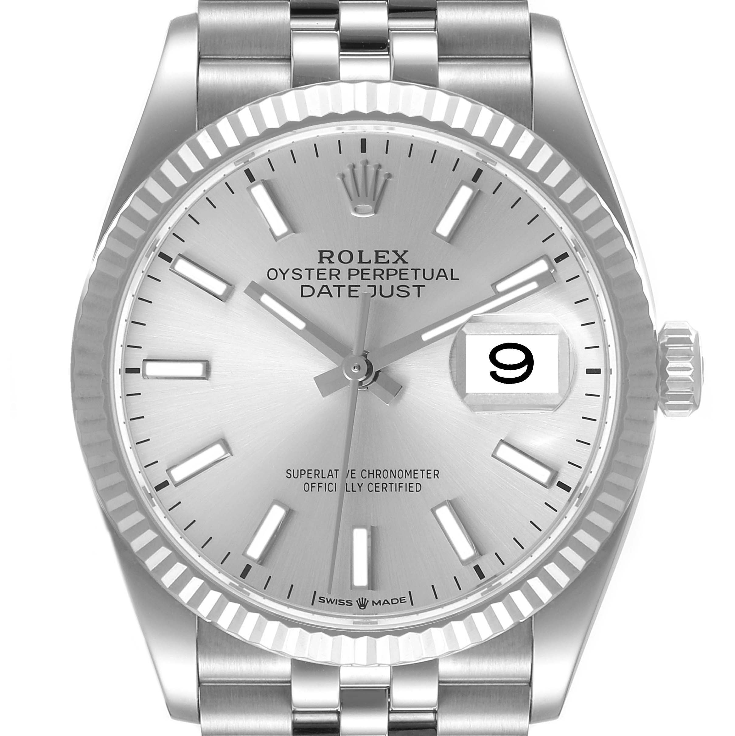 The image shows a front view of the Rolex Datejust 126234 Men's Stainless Steel Silver Dial 126234 Men's Stainless Steel Silver Dial watch, focusing on its dial, bezel, crown, and part of the bracelet.