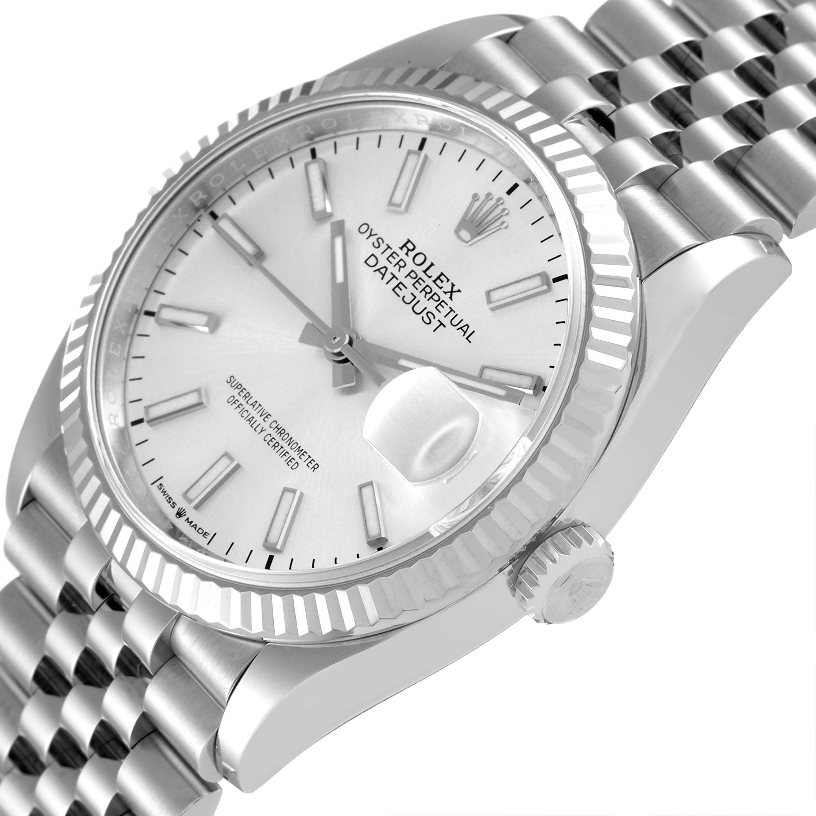 This image shows a Rolex Datejust 126234 Men's Stainless Steel Silver Dial 126234 Men's Stainless Steel Silver Dial watch at an oblique angle, highlighting the face, fluted bezel, and part of the bracelet.