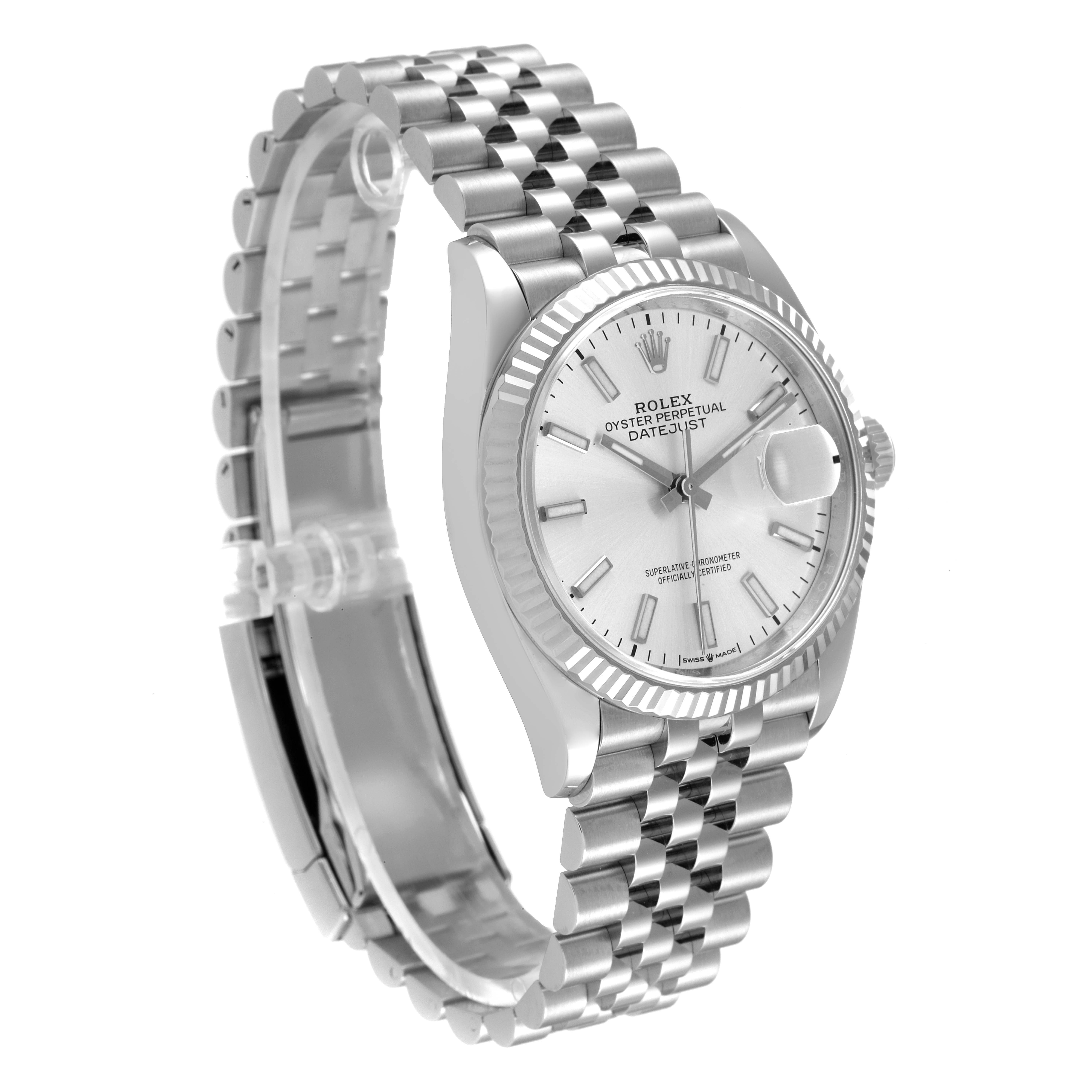 The Rolex Datejust 126234 Men's Stainless Steel Silver Dial 126234 Men's Stainless Steel Silver Dial watch is shown at a slight angle displaying the dial, bezel, and bracelet.