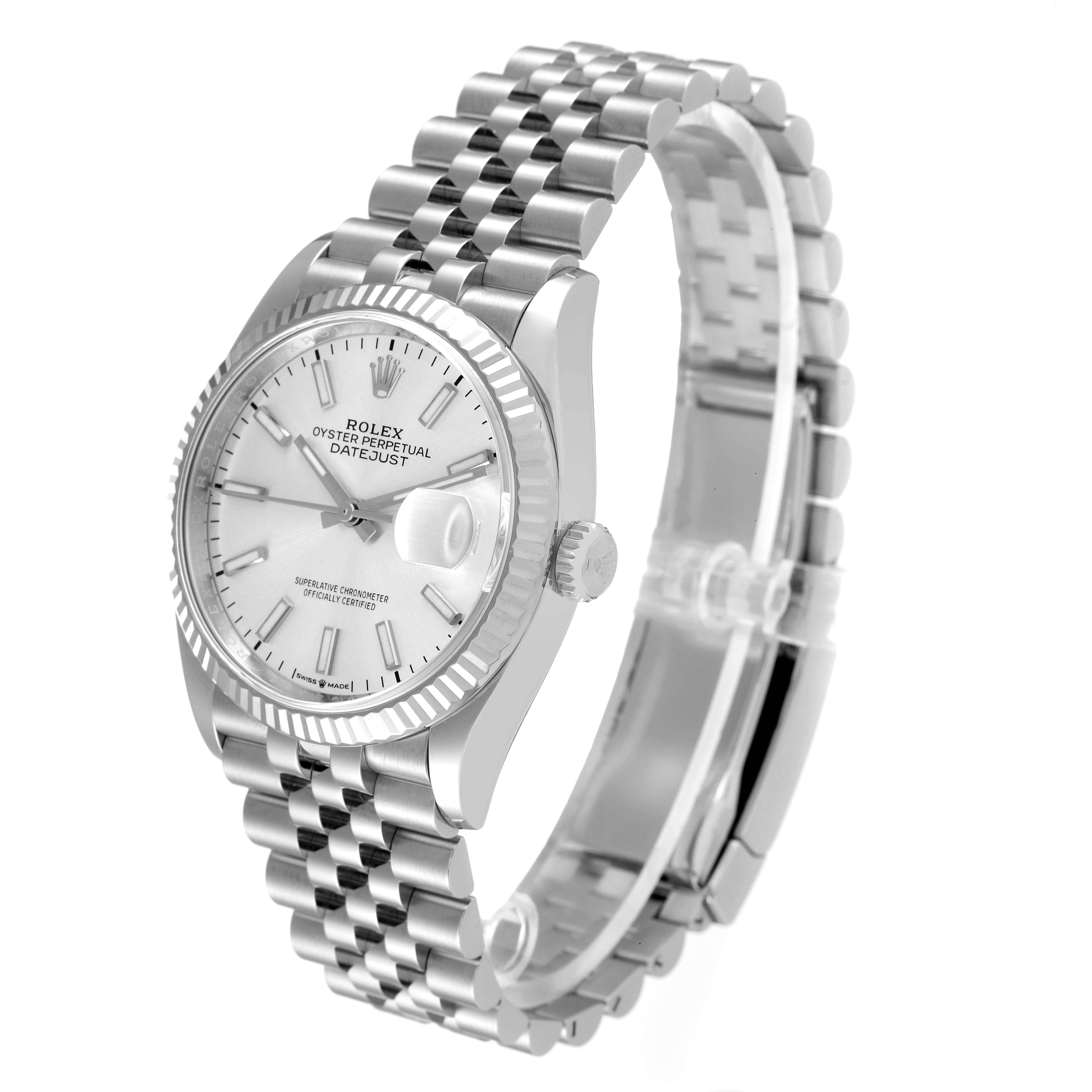 This image shows a side angle of the Rolex Datejust 126234 Men's Stainless Steel Silver Dial 126234 Men's Stainless Steel Silver Dial watch, highlighting its face, bezel, crown, and Jubilee bracelet.