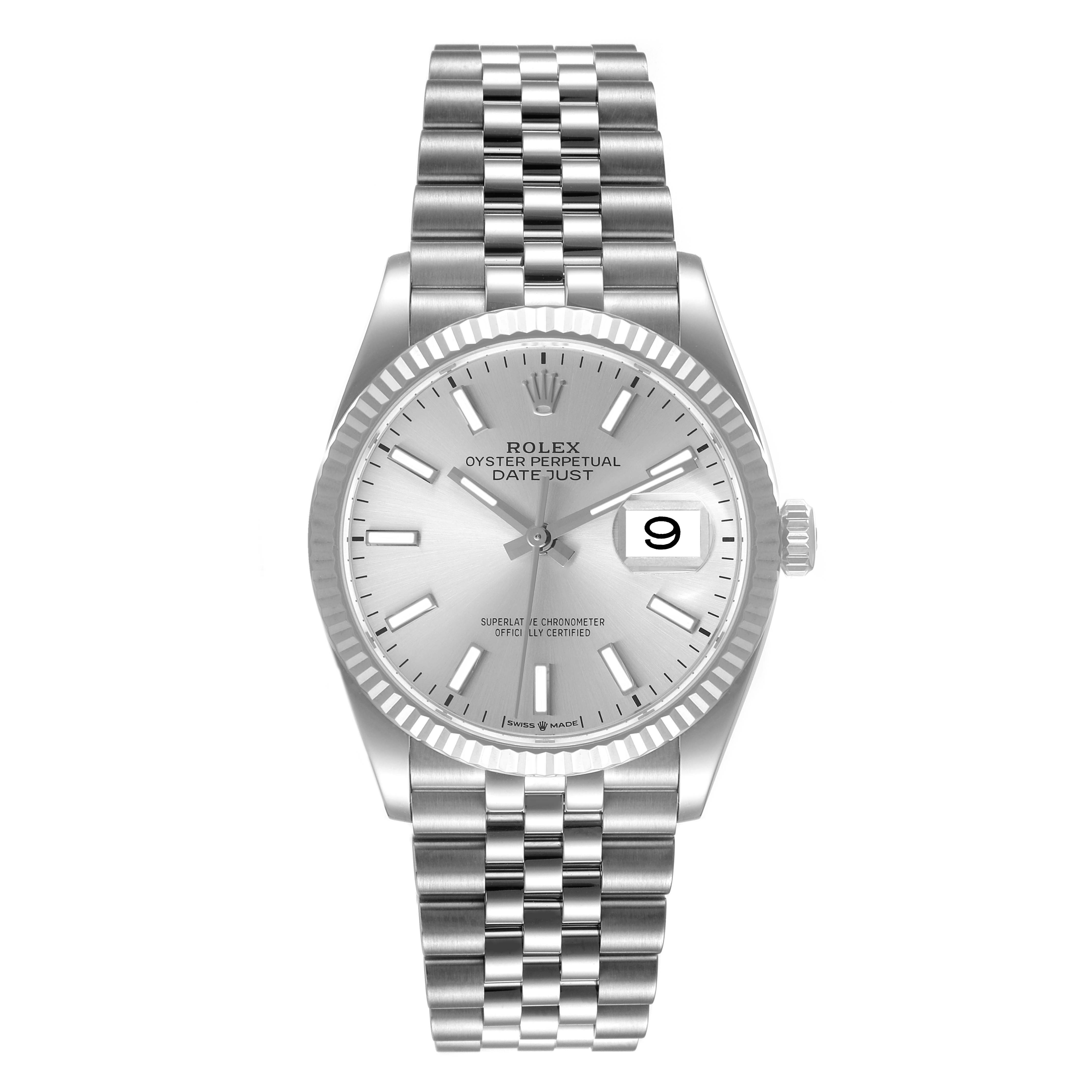 The image shows a front view of the Rolex Datejust 126234 Men's Stainless Steel Silver Dial 126234 Men's Stainless Steel Silver Dial watch, featuring its dial, bezel, and bracelet.