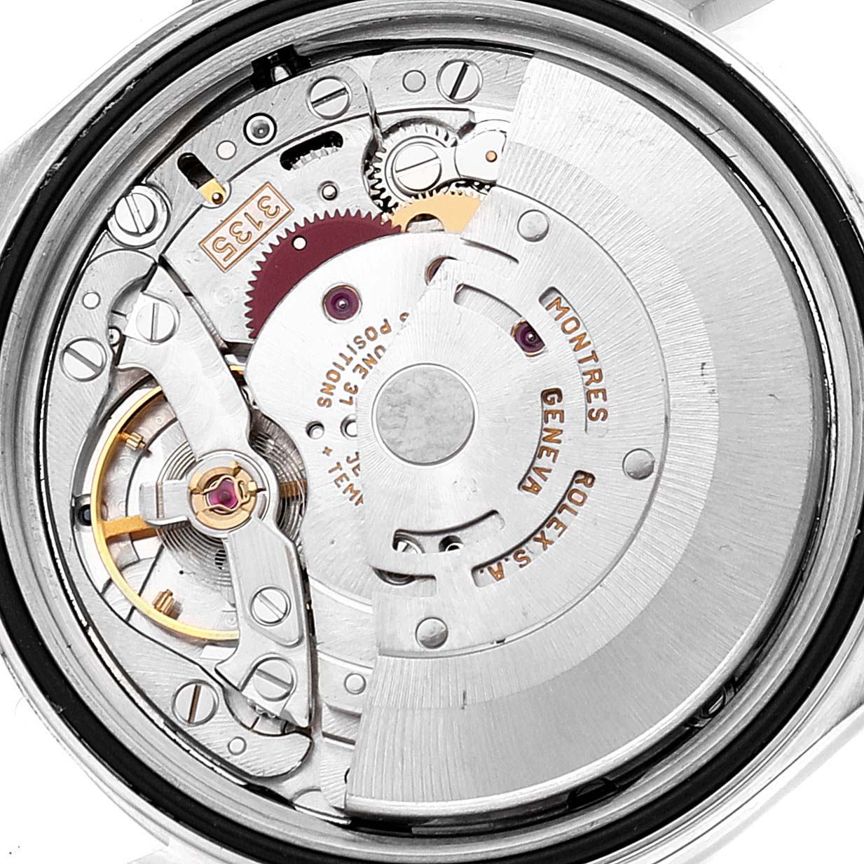 This image shows the movement mechanism of a Rolex Datejust 16234 Men's Stainless Steel Blue Dial 16234 Men's Stainless Steel Blue Dial watch from a back angle.