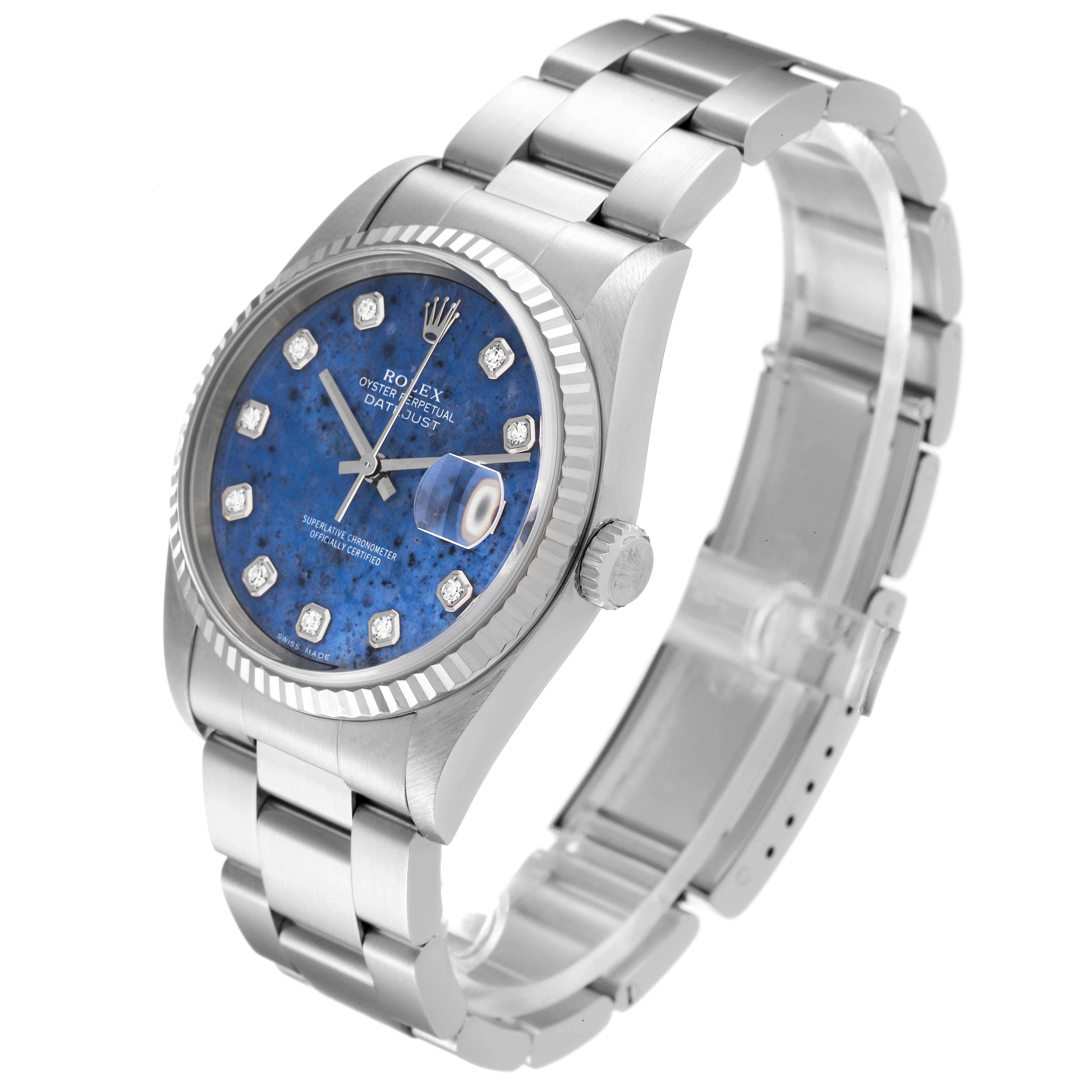 An angled view of the Rolex Datejust 16234 Men's Stainless Steel Blue Dial 16234 Men's Stainless Steel Blue Dial watch shows the dial, bezel, crown, and part of the bracelet.