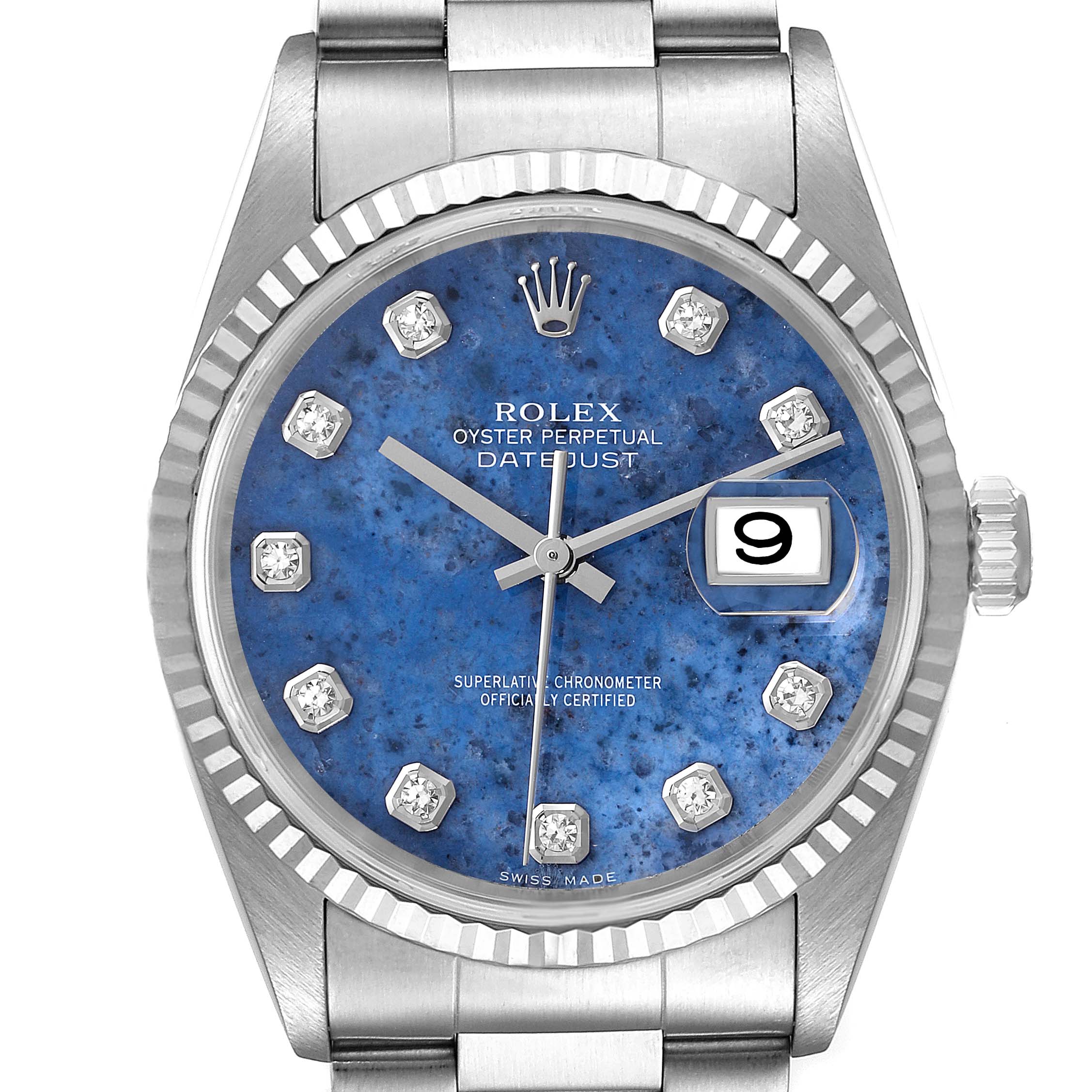 The image shows a close-up of the Rolex Datejust 16234 Men's Stainless Steel Blue Dial 16234 Men's Stainless Steel Blue Dial watch dial, bezel, crown, and part of the bracelet from the front angle.