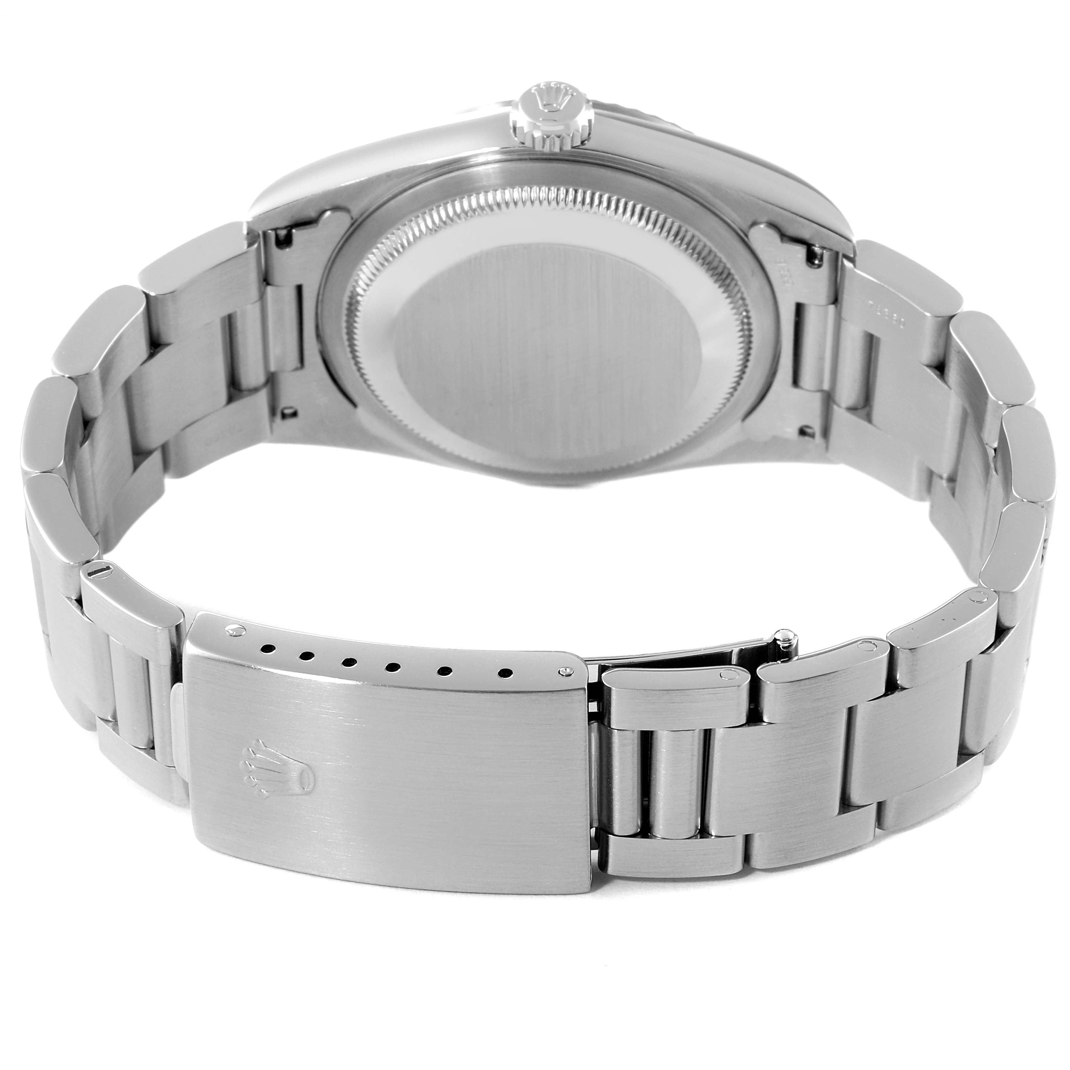 This is a rear view of a Rolex Datejust 16234 Men's Stainless Steel Blue Dial 16234 Men's Stainless Steel Blue Dial, showing the clasp, bracelet, and case back.