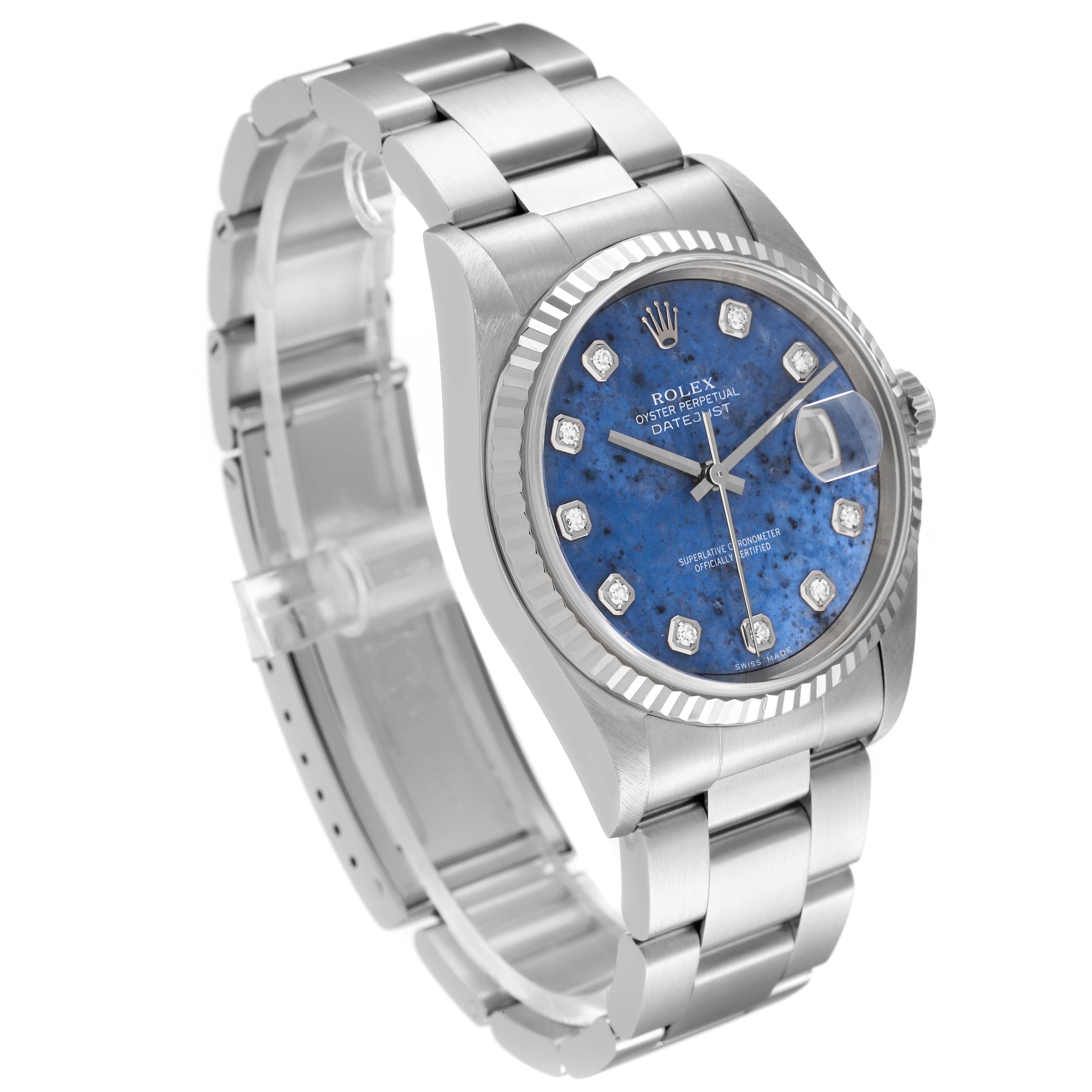 The image shows a Rolex Datejust 16234 Men's Stainless Steel Blue Dial 16234 Men's Stainless Steel Blue Dial watch at a three-quarter angle, highlighting its blue dial, fluted bezel, and Oyster bracelet.