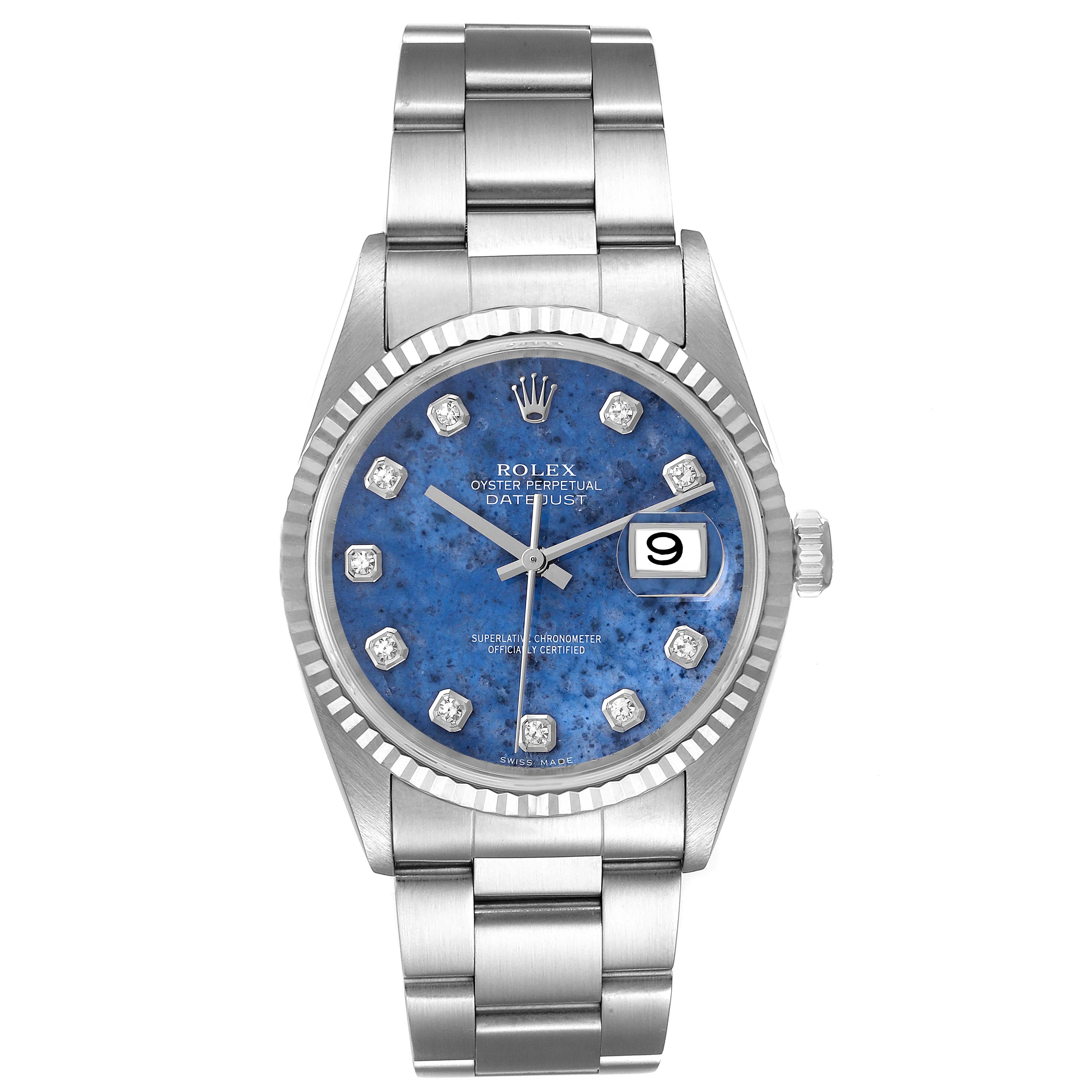 The image shows a frontal view of a Rolex Datejust 16234 Men's Stainless Steel Blue Dial 16234 Men's Stainless Steel Blue Dial watch, highlighting its blue dial, date window, and stainless steel bracelet.