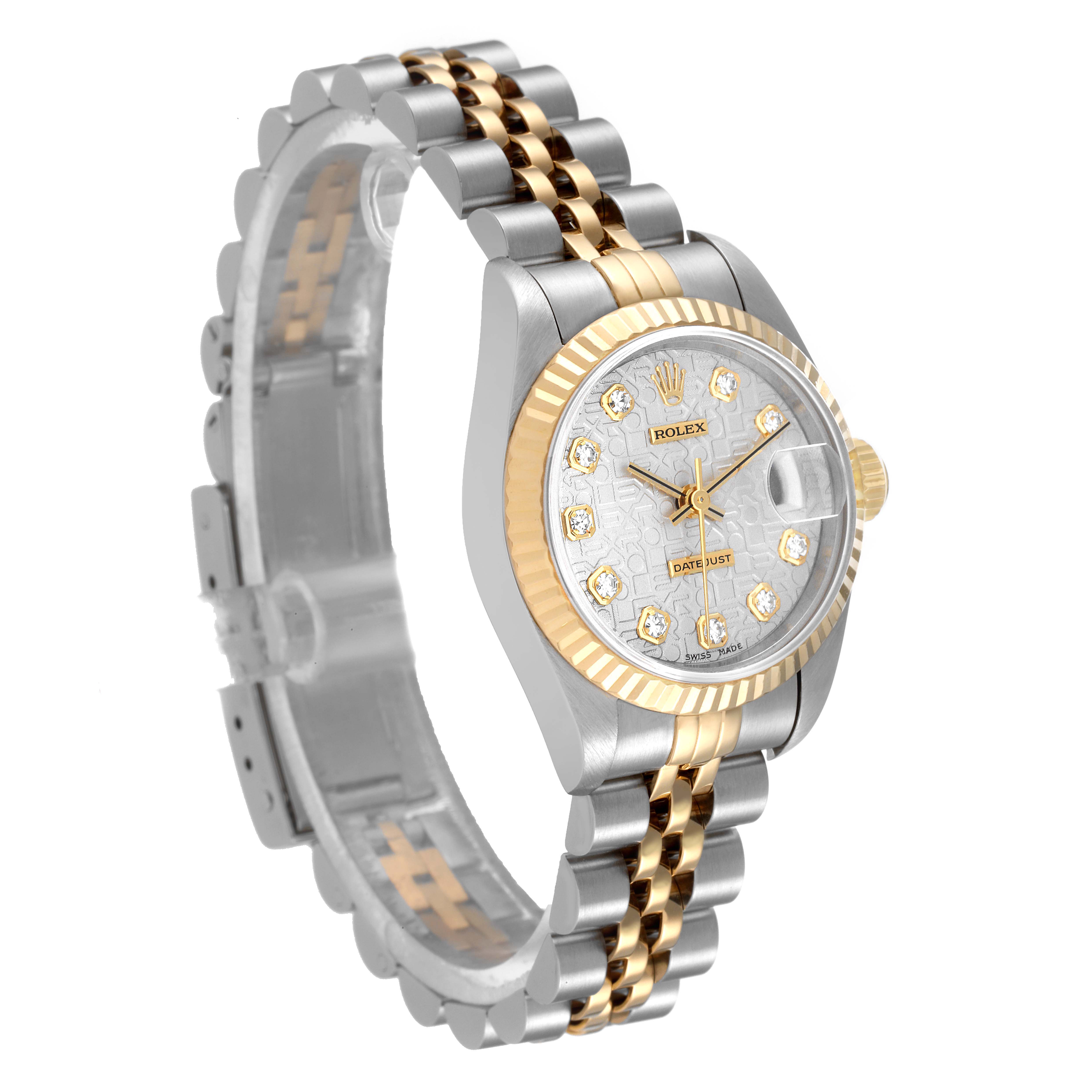 The image shows a gold and stainless steel Rolex Datejust 69173 Women's Steel and Gold (two tone) Silver Dial 69173 Women's Steel and Gold (two tone) Silver Dial watch from an angled side view, highlighting its face and bracelet.