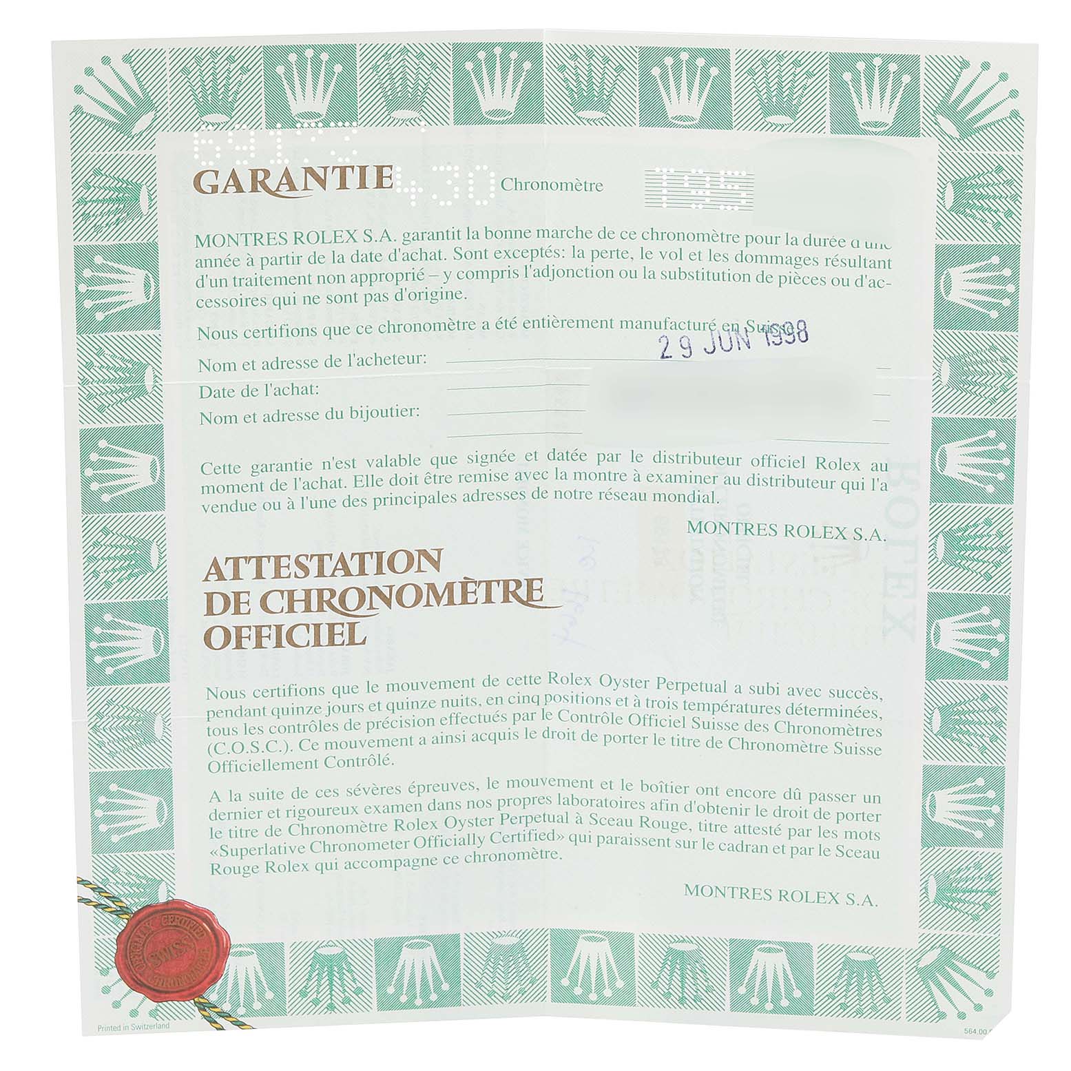 The image shows the warranty and chronometer certification documents for a Rolex Datejust 69173 Women's Steel and Gold (two tone) Silver Dial 69173 Women's Steel and Gold (two tone) Silver Dial watch, viewed from above.