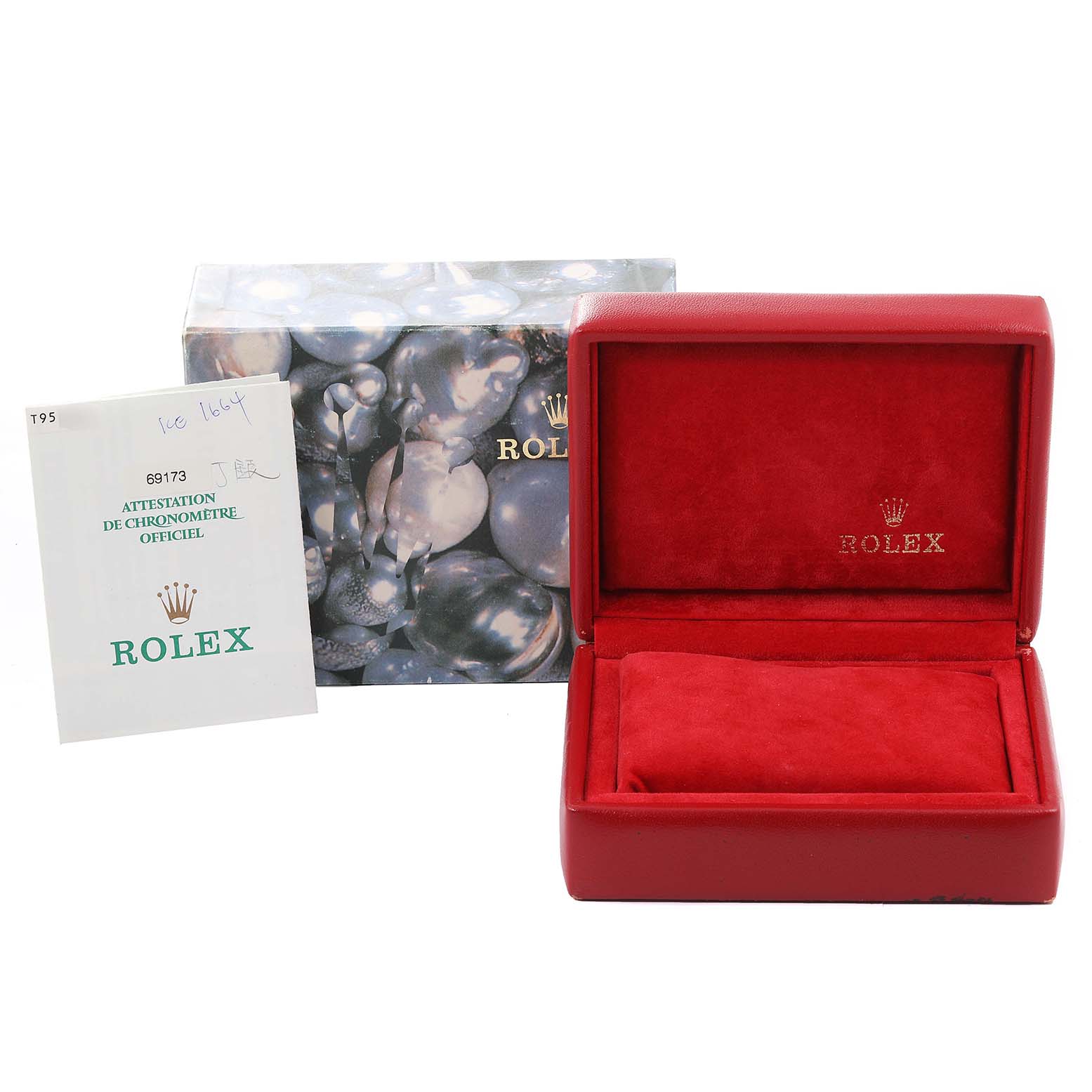 The image shows a Rolex Datejust 69173 Women's Steel and Gold (two tone) Silver Dial 69173 Women's Steel and Gold (two tone) Silver Dial watch's red box, outer packaging, and a certificate booklet.