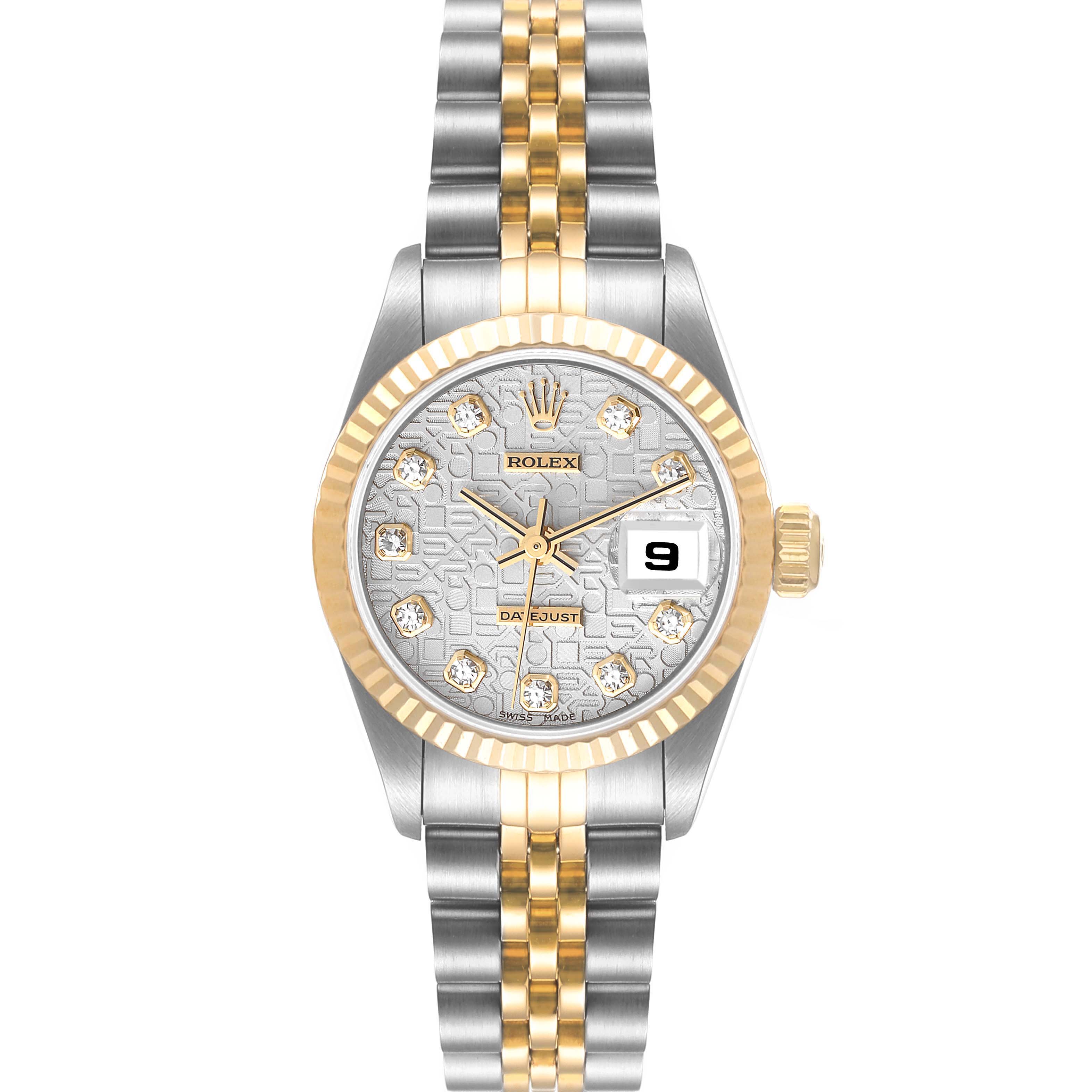 The image shows a front view of a Rolex Datejust 69173 Women's Steel and Gold (two tone) Silver Dial 69173 Women's Steel and Gold (two tone) Silver Dial watch, highlighting its dial, bezel, and bracelet.
