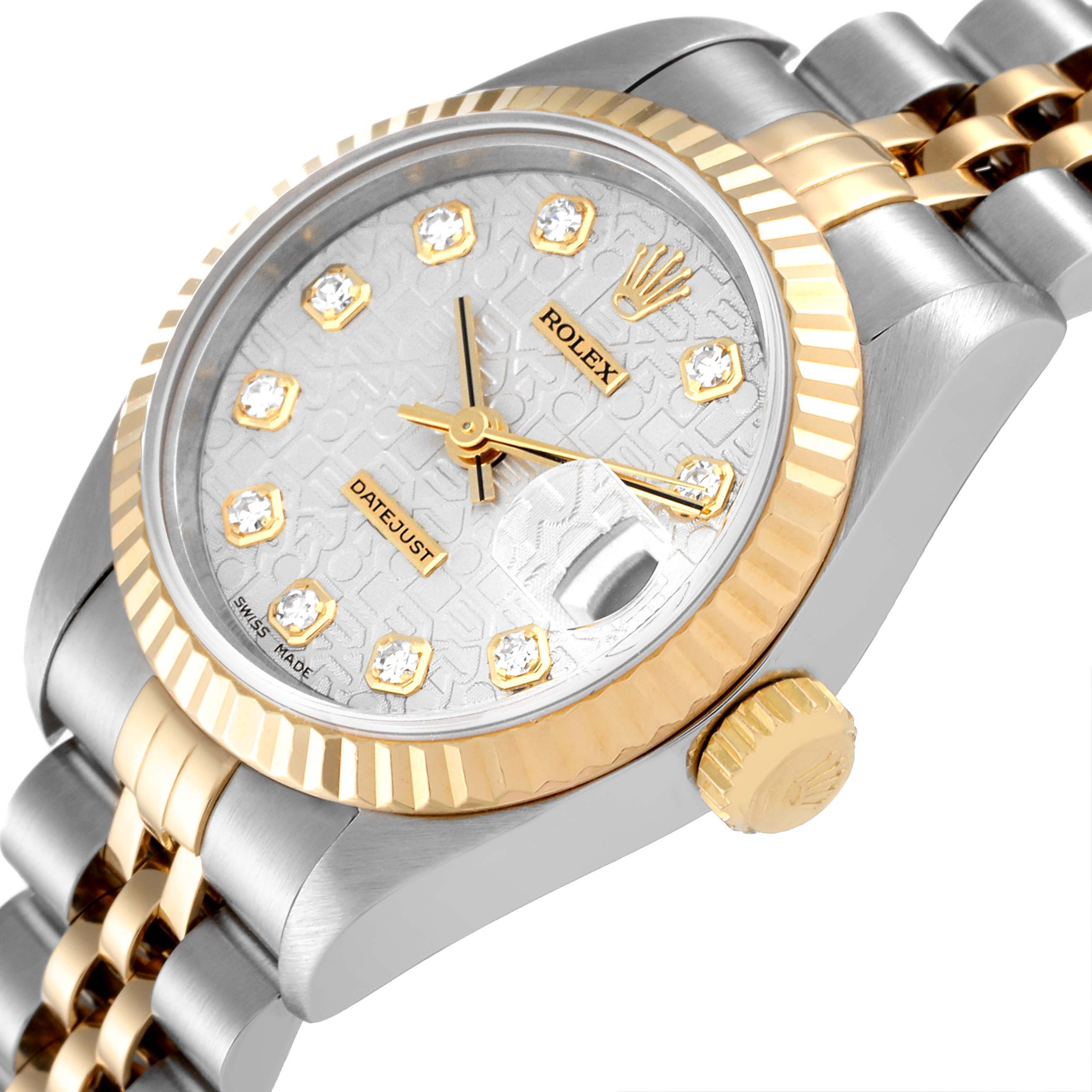 This image shows a close-up angle of the Rolex Datejust 69173 Women's Steel and Gold (two tone) Silver Dial 69173 Women's Steel and Gold (two tone) Silver Dial watch, highlighting the dial, bezel, and part of the bracelet.