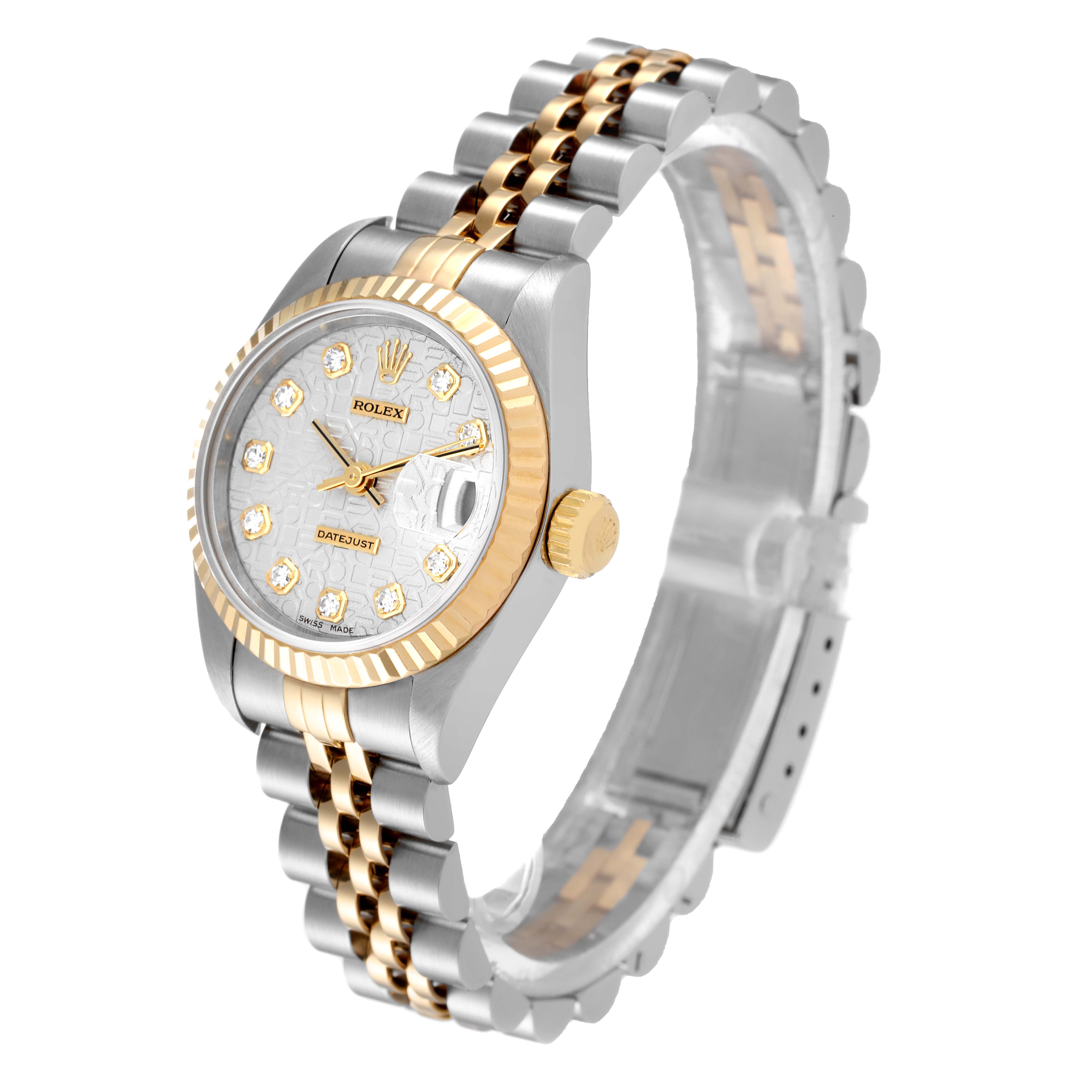 The Rolex Datejust 69173 Women's Steel and Gold (two tone) Silver Dial 69173 Women's Steel and Gold (two tone) Silver Dial watch is shown at an angle, highlighting the dial, bezel, and two-tone bracelet.