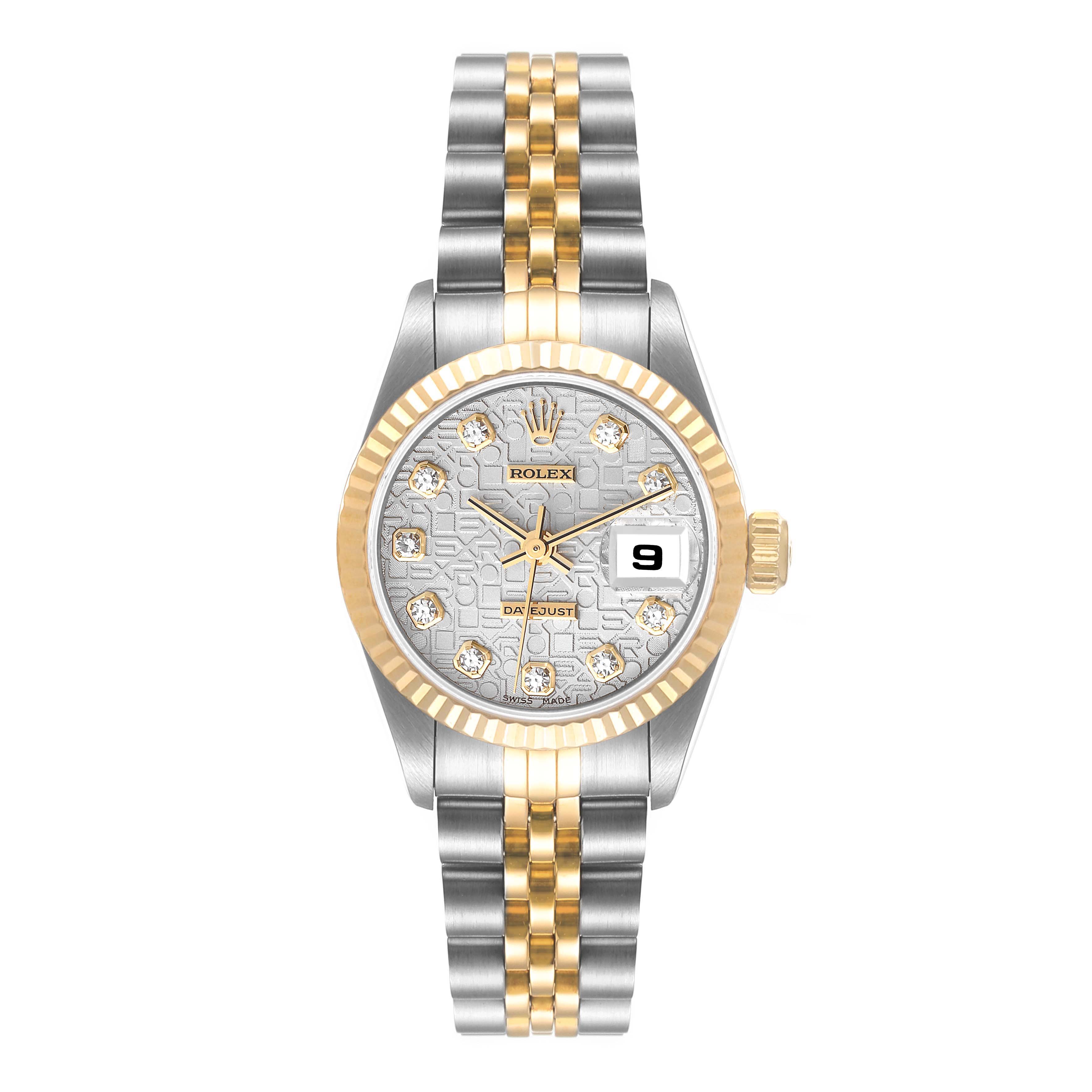The image shows a frontal view of a Rolex Datejust 69173 Women's Steel and Gold (two tone) Silver Dial 69173 Women's Steel and Gold (two tone) Silver Dial watch, highlighting its dial, bezel, bracelet, and clasp.