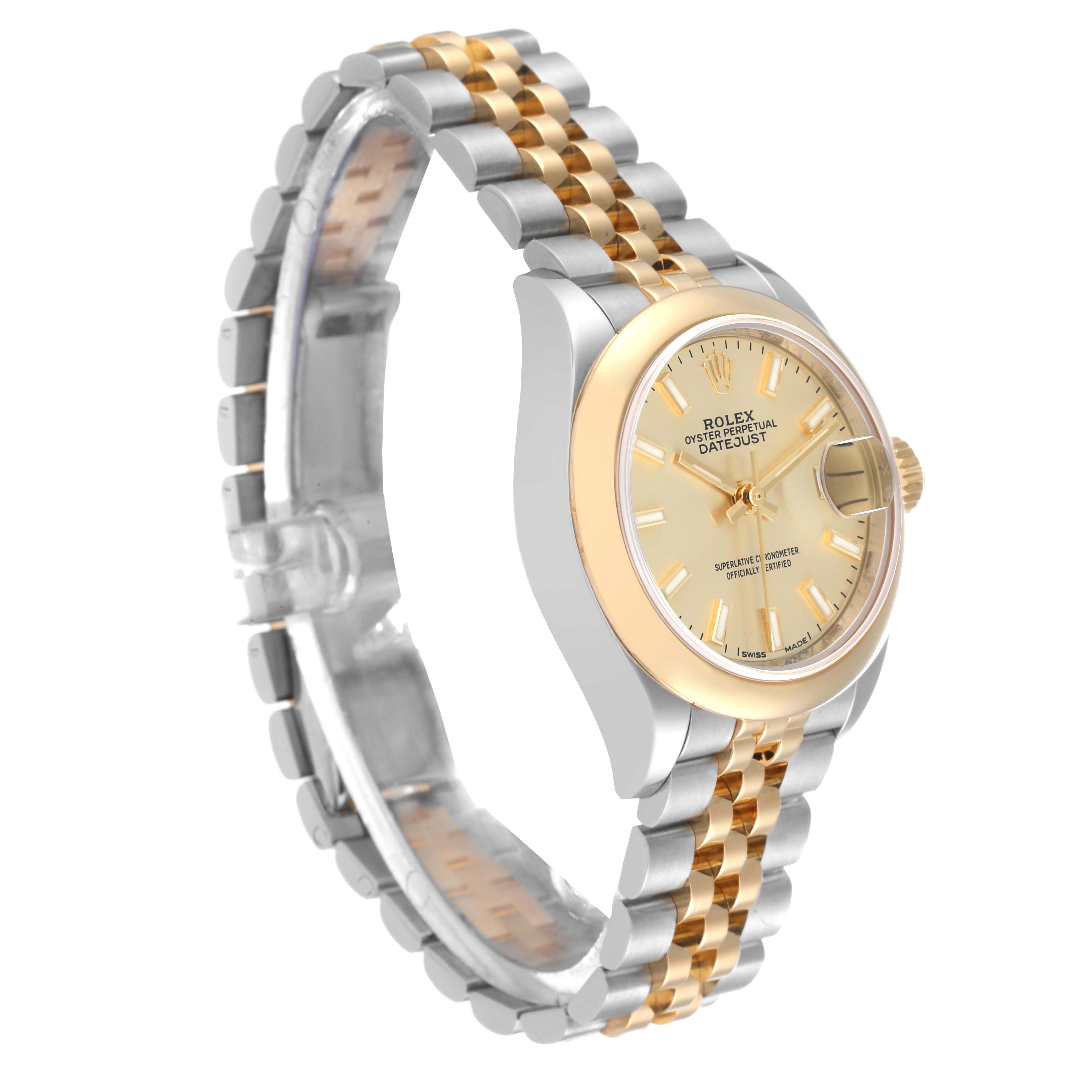 The image shows a Rolex Datejust 279163 Women's Steel and Gold (two tone) Champagne Dial 279163 Women's Steel and Gold (two tone) Champagne Dial watch angled from the side, displaying the two-tone bracelet and the dial with the brand and model name visible.