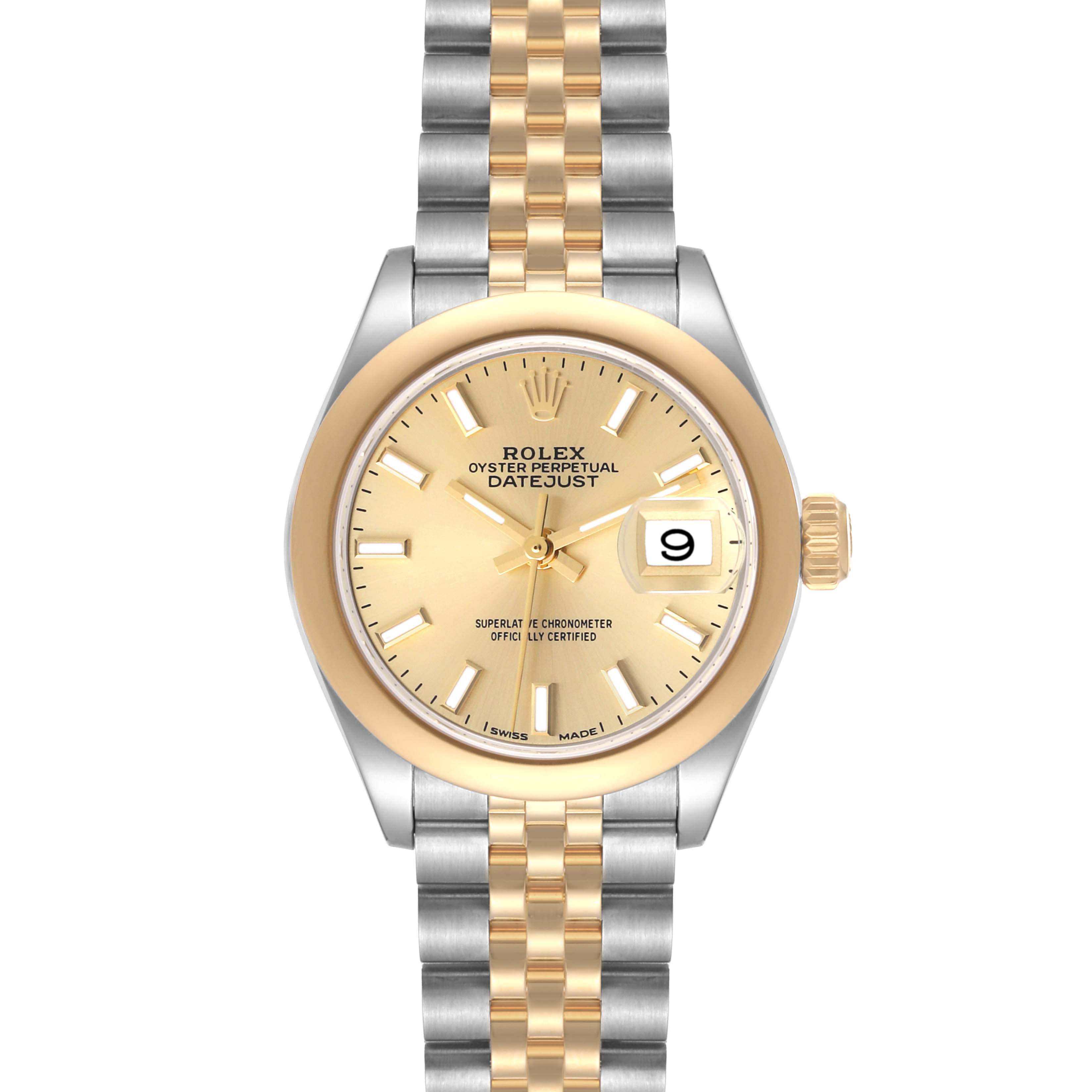 The image shows a front view of a Rolex Datejust 279163 Women's Steel and Gold (two tone) Champagne Dial 279163 Women's Steel and Gold (two tone) Champagne Dial watch, displaying the dial, bezel, and bracelet.