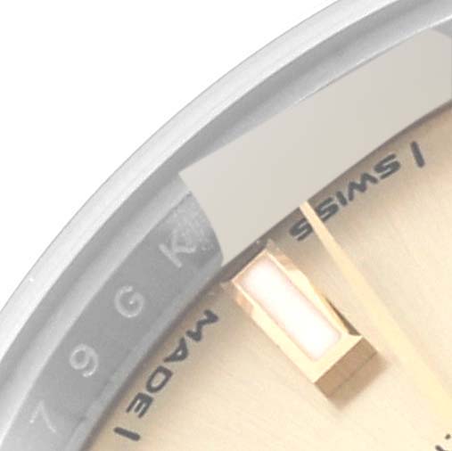 The image shows a close-up angle of the dial and part of the chapter ring of the Rolex Datejust 279163 Women's Steel and Gold (two tone) Champagne Dial 279163 Women's Steel and Gold (two tone) Champagne Dial watch.