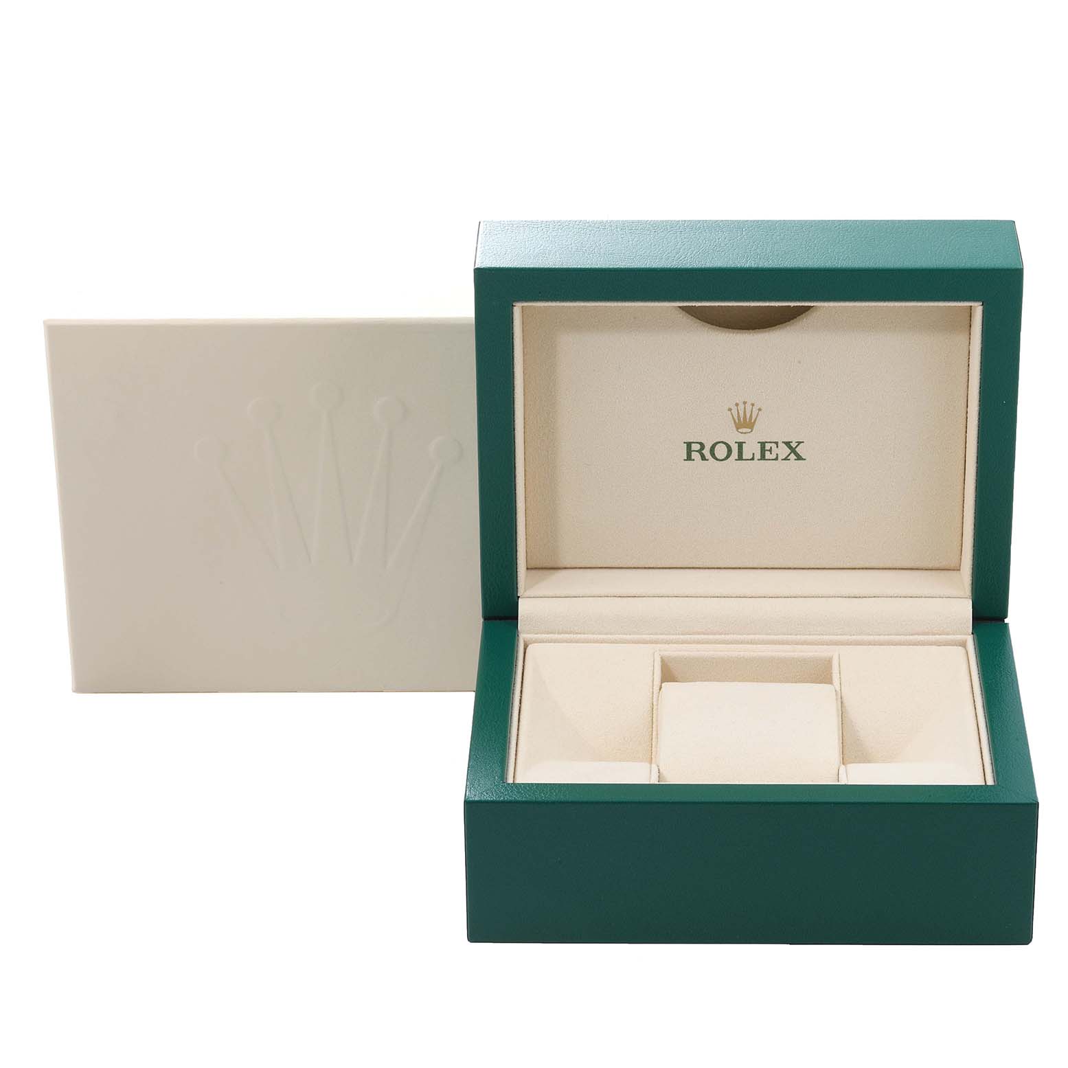 The image shows an open Rolex Datejust 279163 Women's Steel and Gold (two tone) Champagne Dial 279163 Women's Steel and Gold (two tone) Champagne Dial watch box with a green exterior and cream-colored interior.