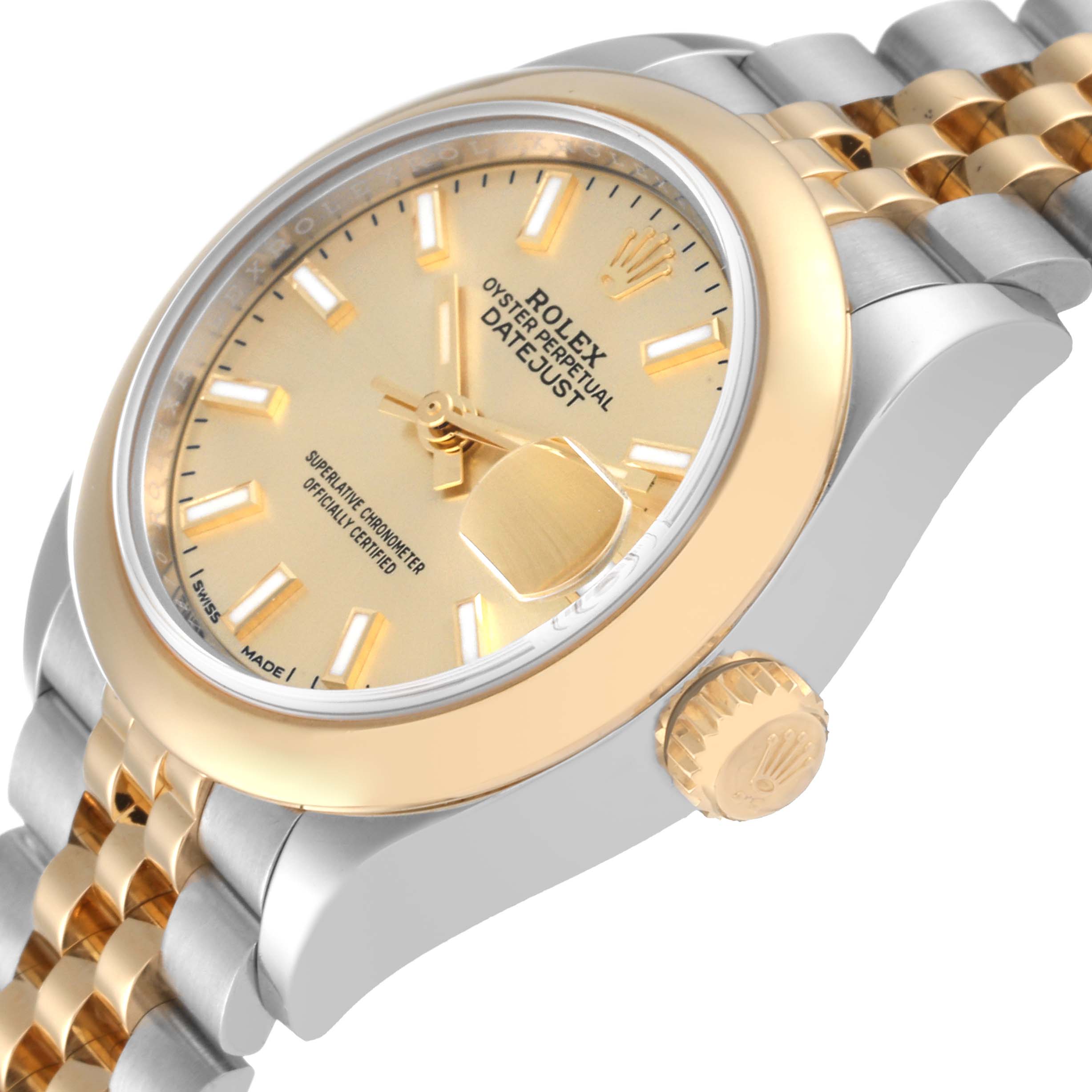 The Rolex Datejust 279163 Women's Steel and Gold (two tone) Champagne Dial 279163 Women's Steel and Gold (two tone) Champagne Dial watch is shown at an angle displaying the face, bezel, crown, and a portion of the bracelet.