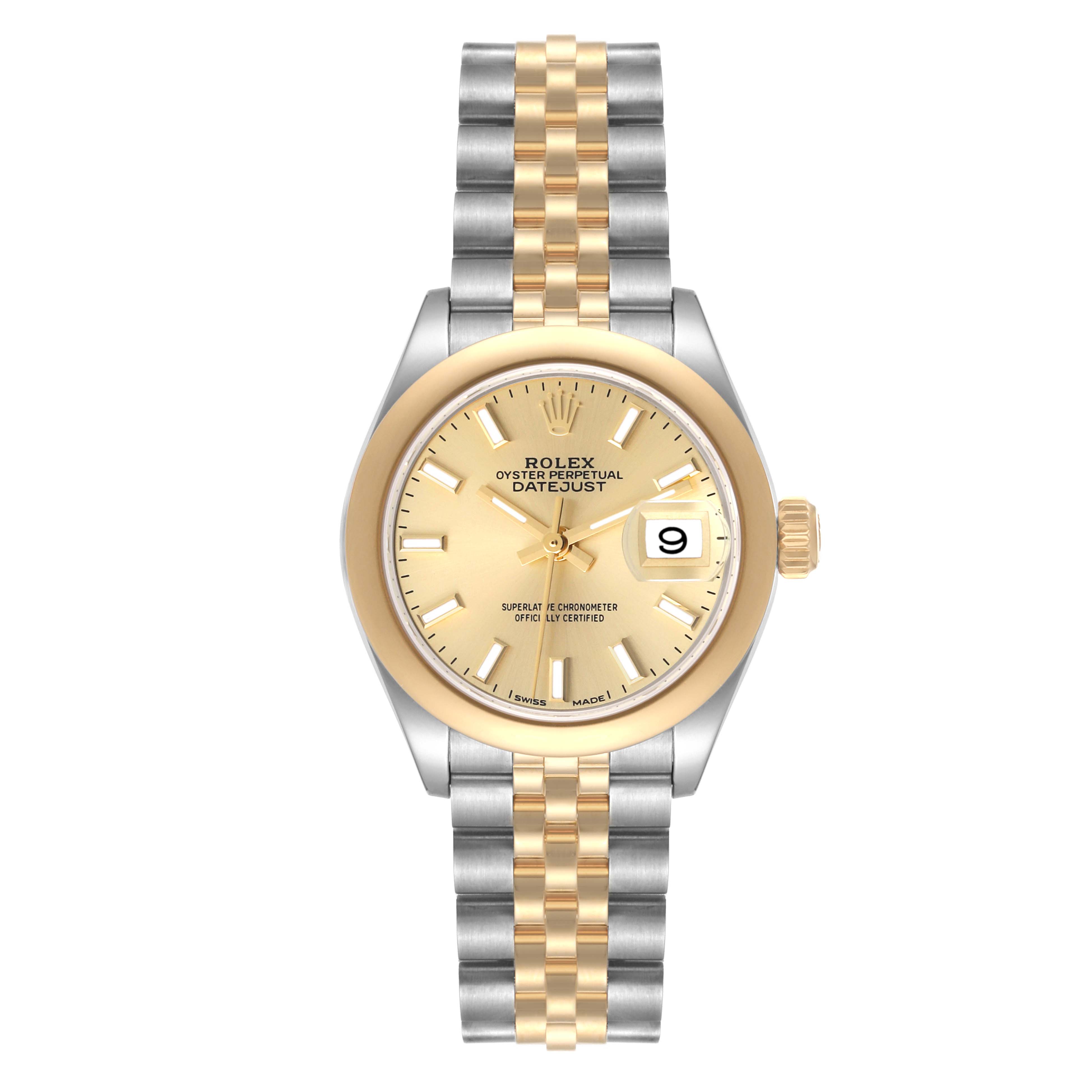 The image shows a front view of a Rolex Datejust 279163 Women's Steel and Gold (two tone) Champagne Dial 279163 Women's Steel and Gold (two tone) Champagne Dial watch, highlighting its dial, case, and two-tone bracelet.
