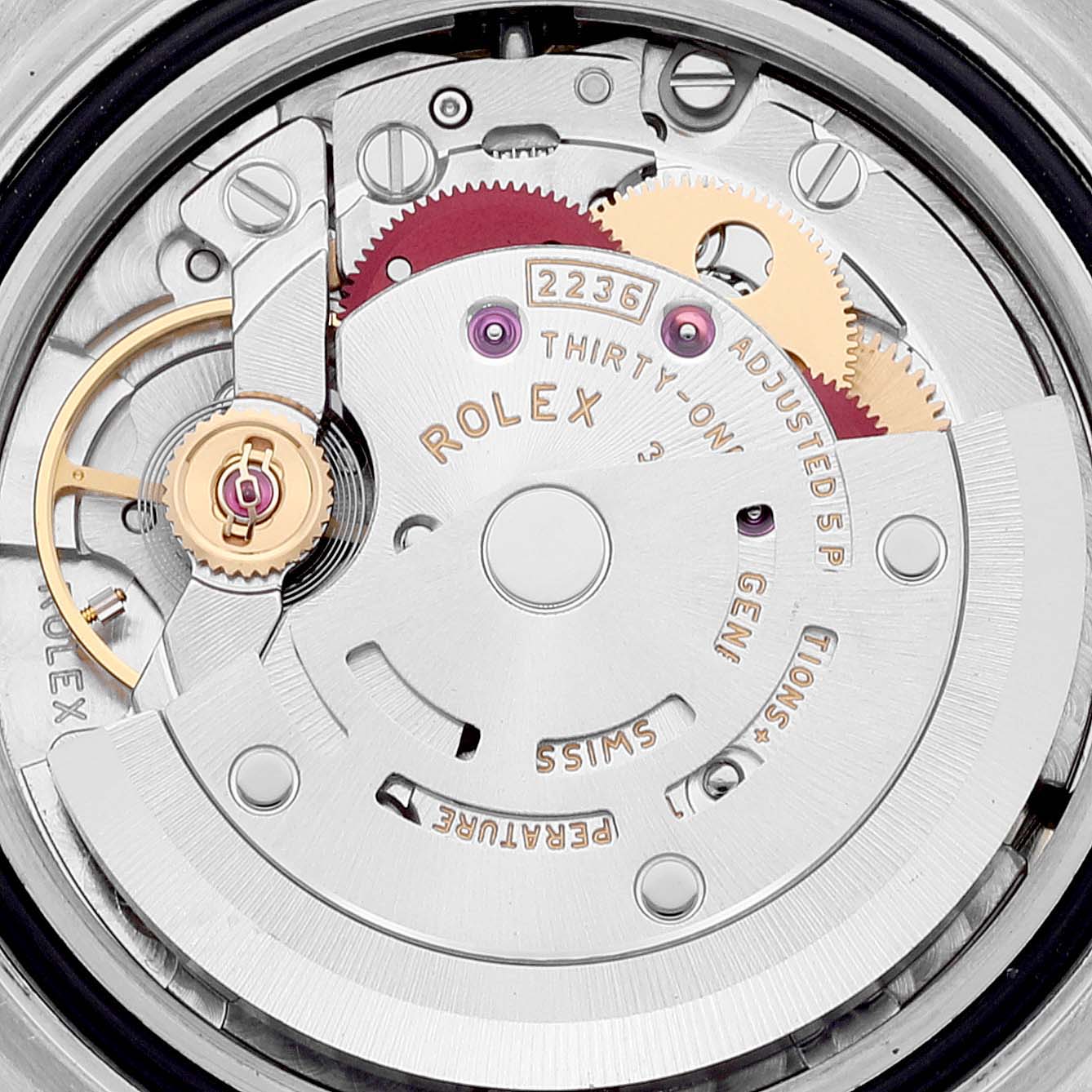This is a close-up image of the Rolex Datejust 279163 Women's Steel and Gold (two tone) Champagne Dial 279163 Women's Steel and Gold (two tone) Champagne Dial model's inner watch movement components.