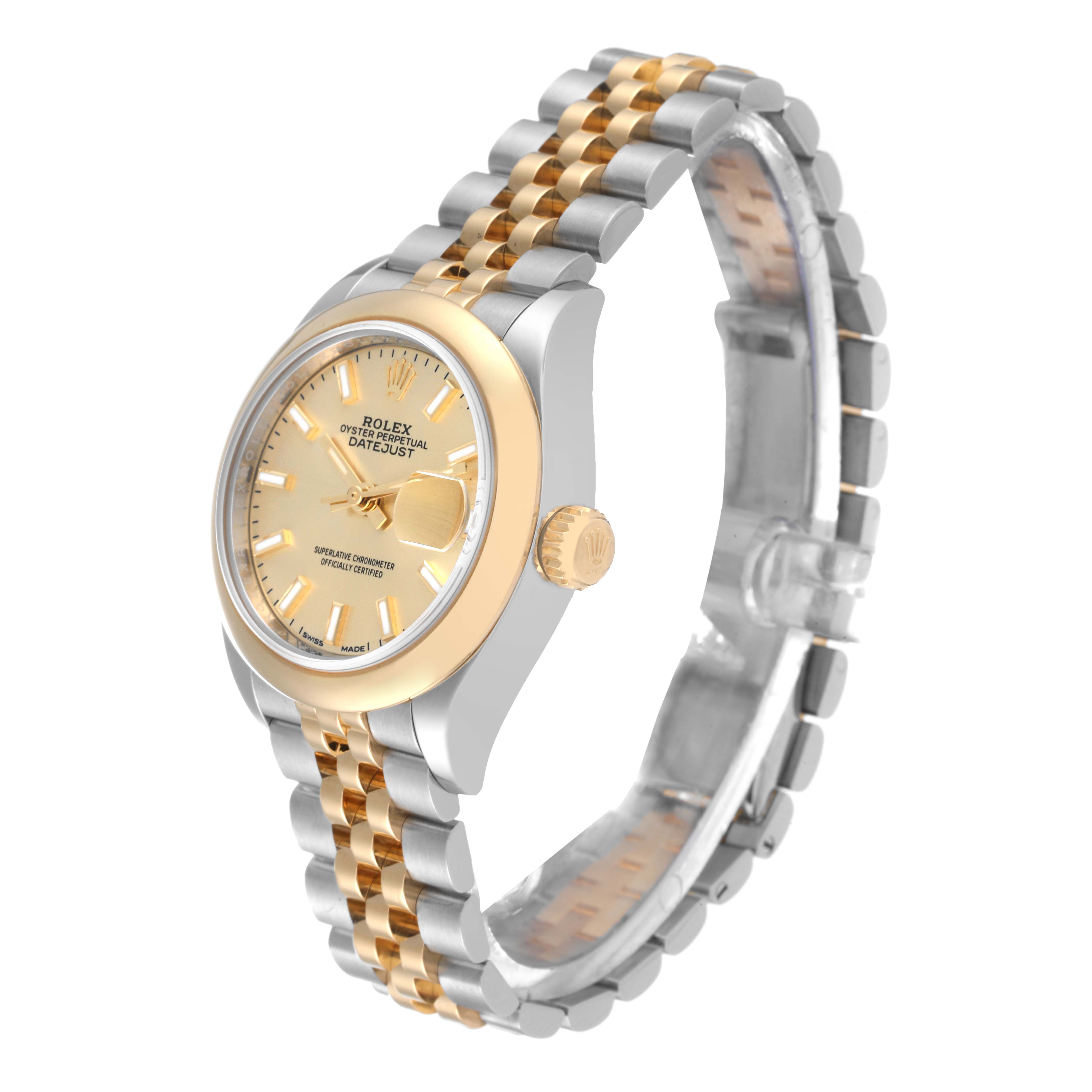 The image shows a Rolex Datejust 279163 Women's Steel and Gold (two tone) Champagne Dial 279163 Women's Steel and Gold (two tone) Champagne Dial watch at a side angle, highlighting its two-tone bracelet, crown, and champagne-colored dial.