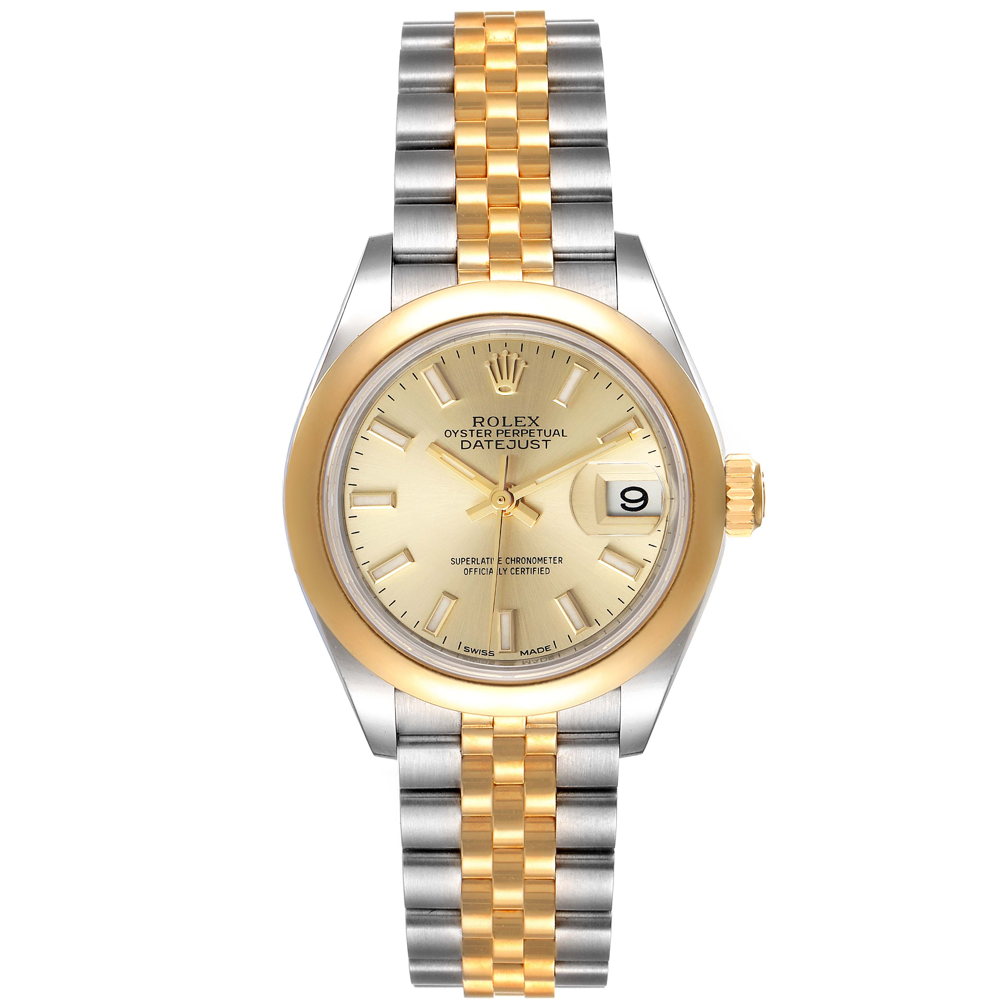 This Rolex Datejust 279163 Women
s Steel and Gold (two tone) Champagne Dial 279163 Women
s Steel and Gold (two tone) Champagne Dial watch is shown from a front view, highlighting its dial, bezel, and Oyster bracelet.