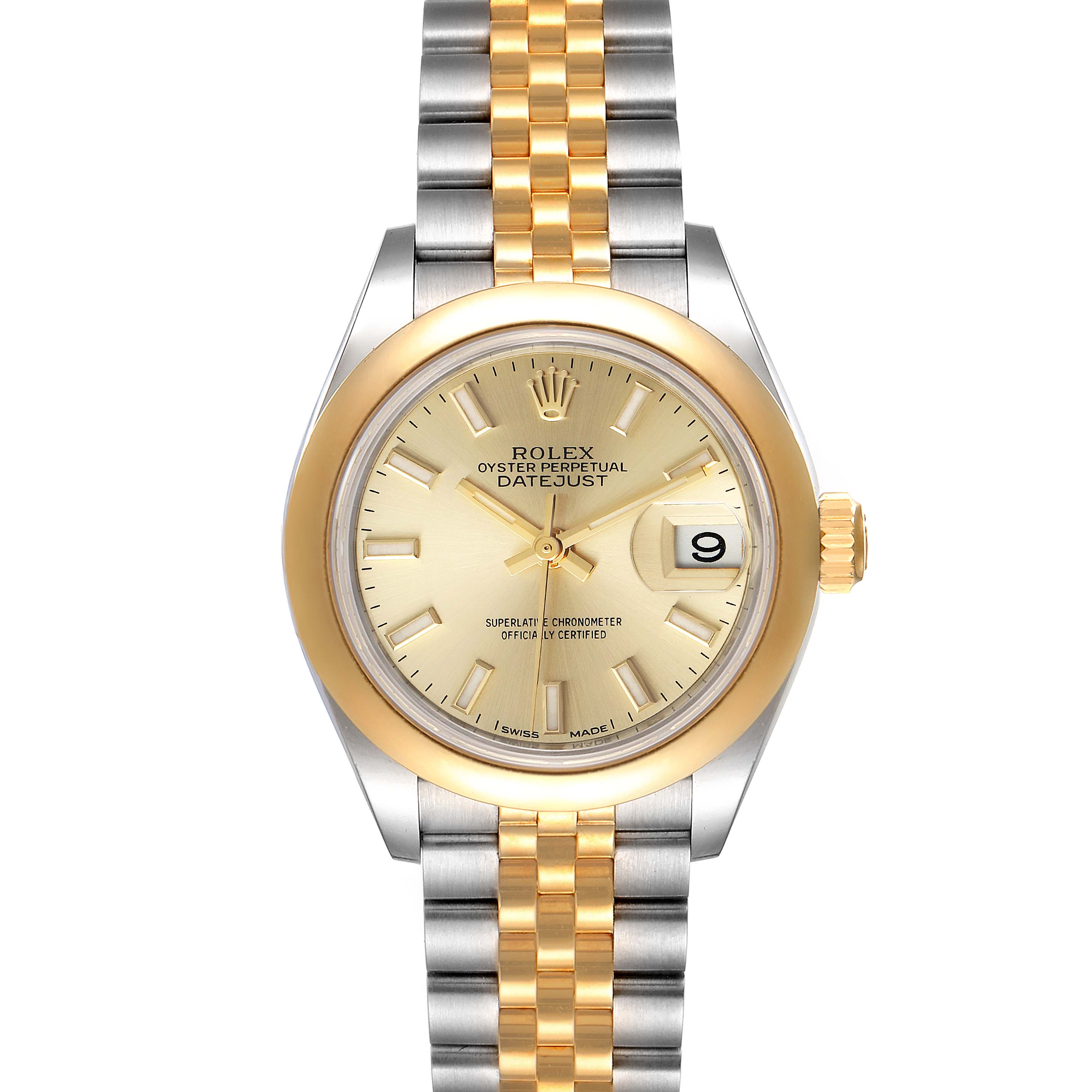 The Rolex Datejust 279163 Women
s Steel and Gold (two tone) Champagne Dial 279163 Women
s Steel and Gold (two tone) Champagne Dial model watch is shown from a top-down angle, featuring a gold and silver jubilee bracelet and a gold dial with a date display at 3 o
clock.