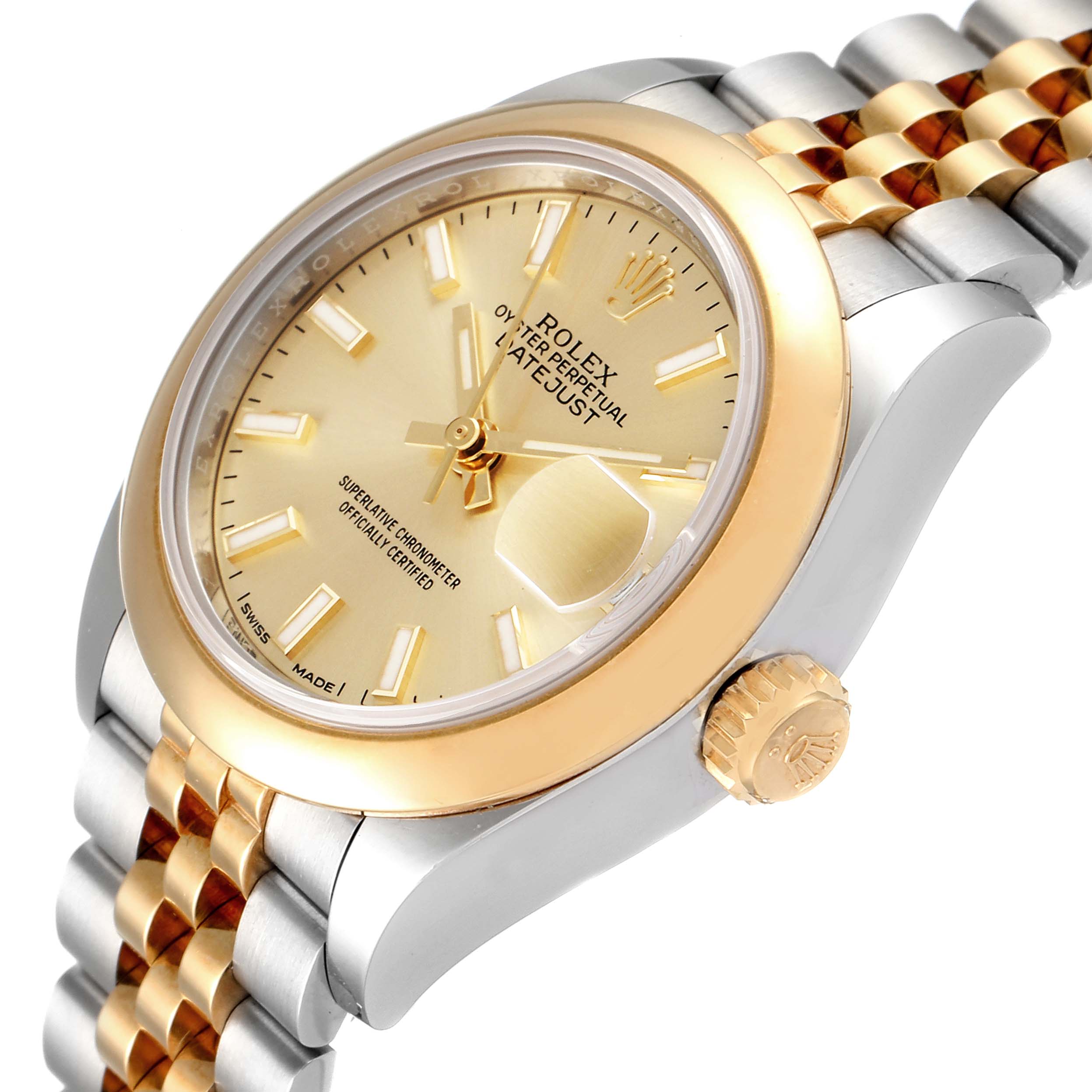 The image shows a close-up angled view of a Rolex Datejust 279163 Women
s Steel and Gold (two tone) Champagne Dial 279163 Women
s Steel and Gold (two tone) Champagne Dial model, highlighting the dial, case, and part of the two-tone bracelet.