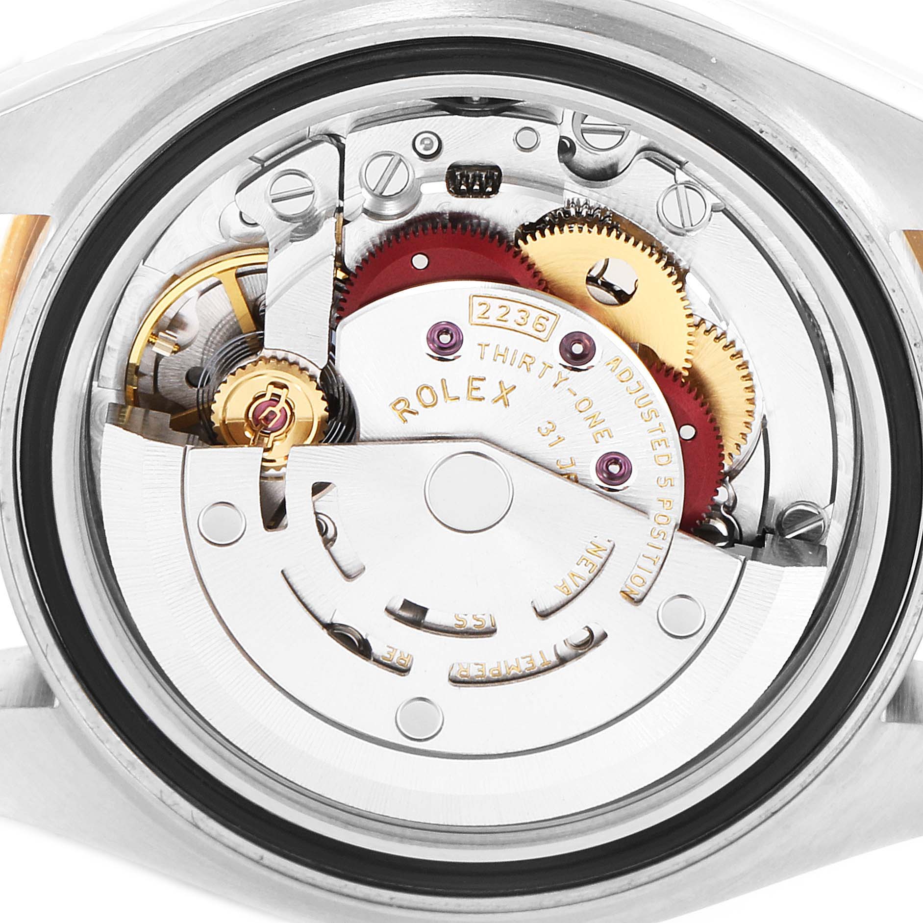 This image shows the intricate internal movement of a Rolex Datejust 279163 Women
s Steel and Gold (two tone) Champagne Dial 279163 Women
s Steel and Gold (two tone) Champagne Dial watch, taken from the back.