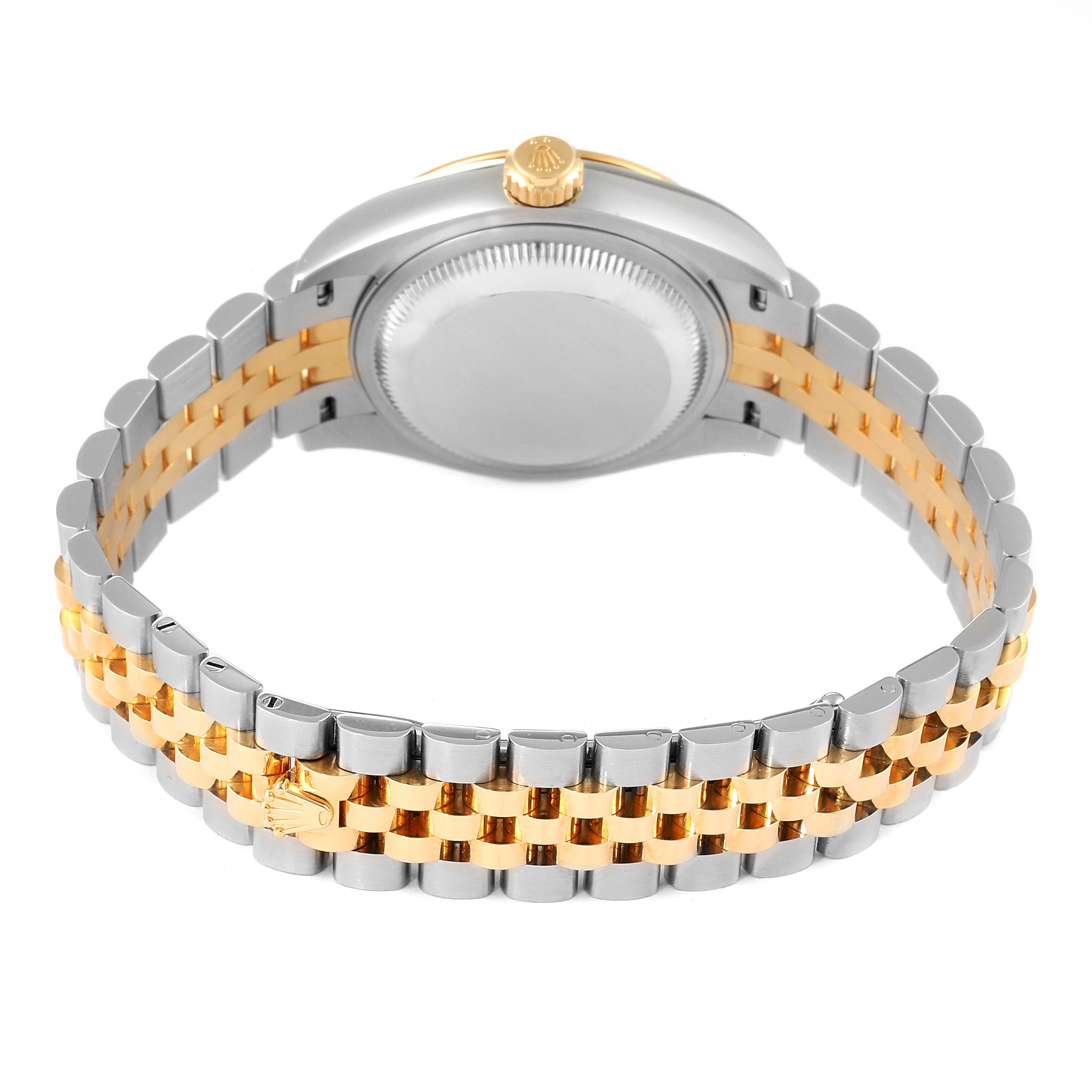 This image shows the back view of the Rolex Datejust 279163 Women
s Steel and Gold (two tone) Champagne Dial 279163 Women
s Steel and Gold (two tone) Champagne Dial watch, highlighting its Jubilee bracelet and the screw-down case back.