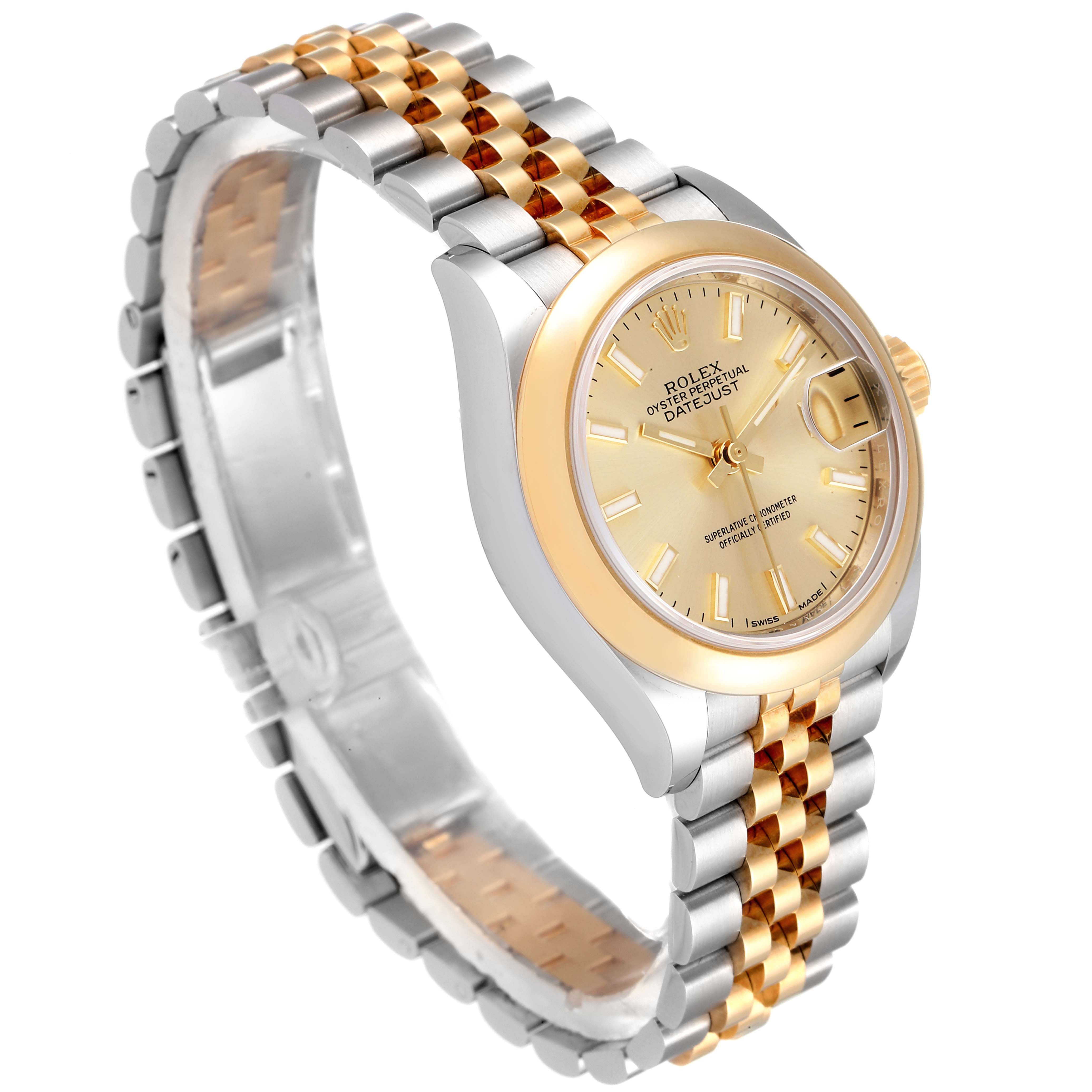 The Rolex Datejust 279163 Women
s Steel and Gold (two tone) Champagne Dial 279163 Women
s Steel and Gold (two tone) Champagne Dial watch is shown at a 45-degree angle, highlighting the bezel, dial, crown, and Jubilee two-tone bracelet.