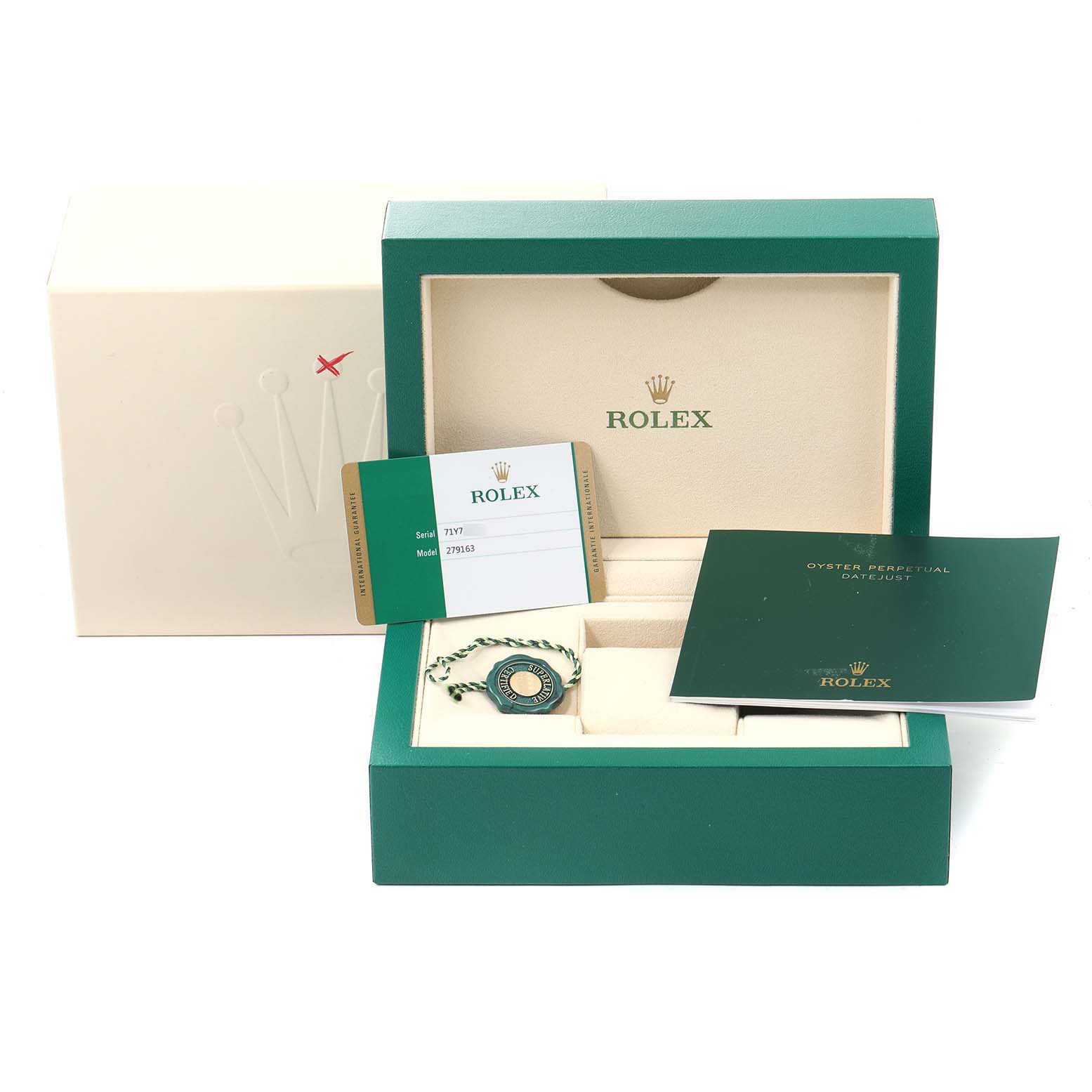 The image shows the packaging and documentation for a Rolex Datejust 279163 Women
s Steel and Gold (two tone) Champagne Dial 279163 Women
s Steel and Gold (two tone) Champagne Dial, including the box, warranty card, tag, and booklet.