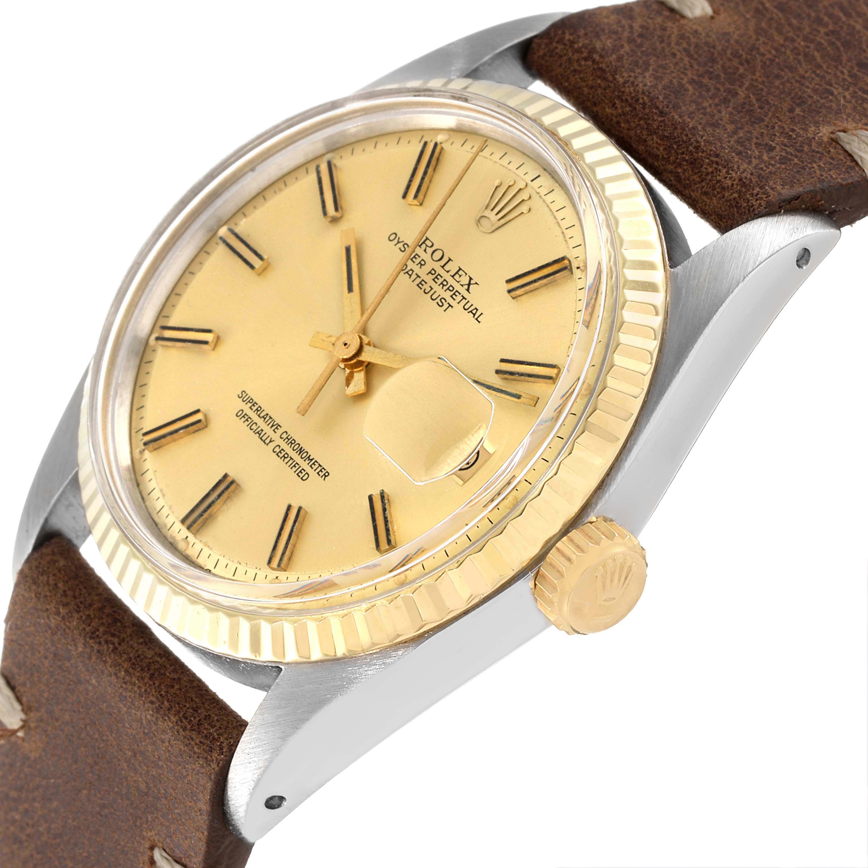 This image shows a close-up angled view of the dial, bezel, and part of the strap of a Rolex Datejust 1601 Men
s Steel and Gold (two tone) Champagne Dial 1601 Men
s Steel and Gold (two tone) Champagne Dial watch.