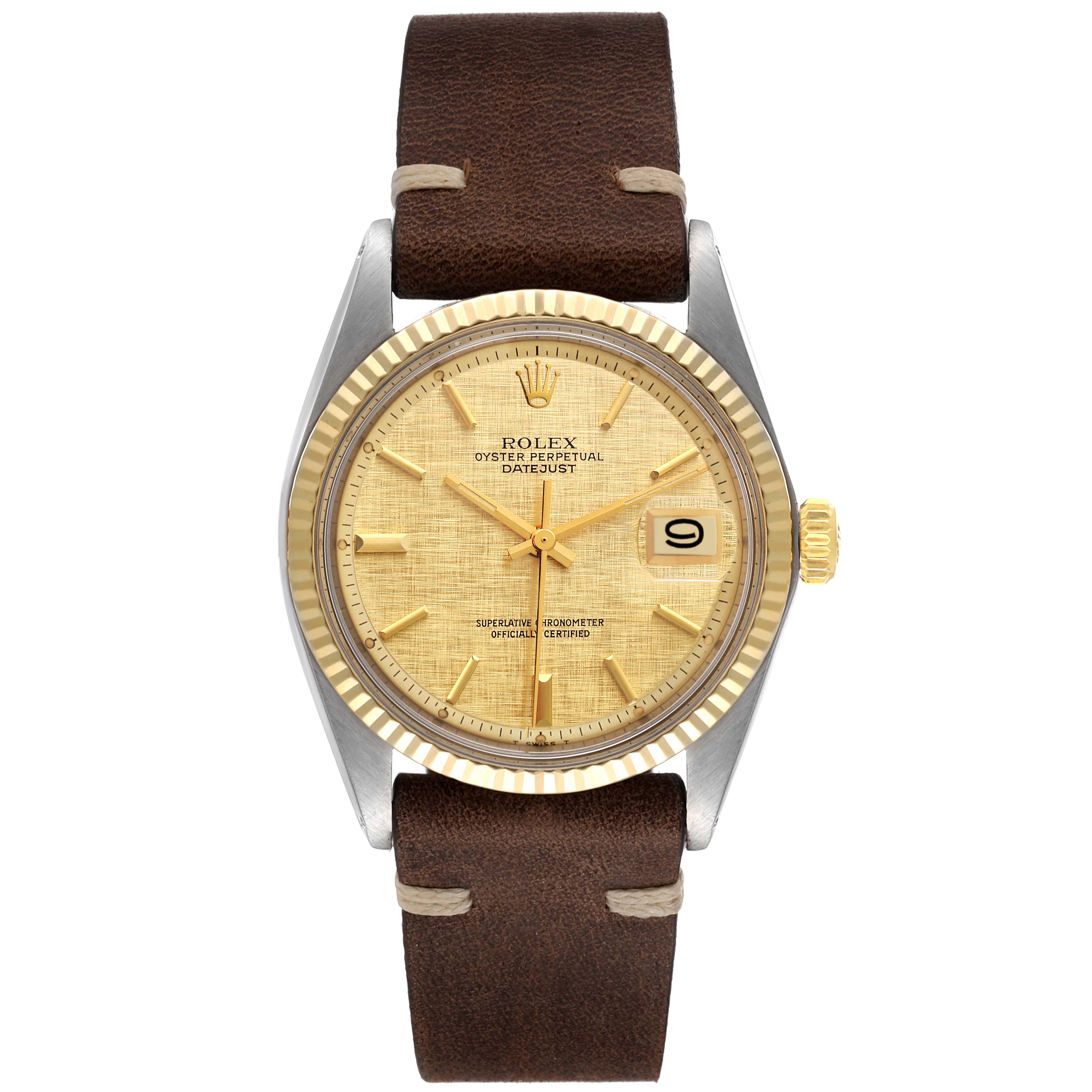 This image shows a Rolex Datejust 1601 Men
s Steel and Gold (two tone) Champagne Dial 1601 Men
s Steel and Gold (two tone) Champagne Dial watch from a front angle, displaying the dial, bezel, crown, and leather strap.