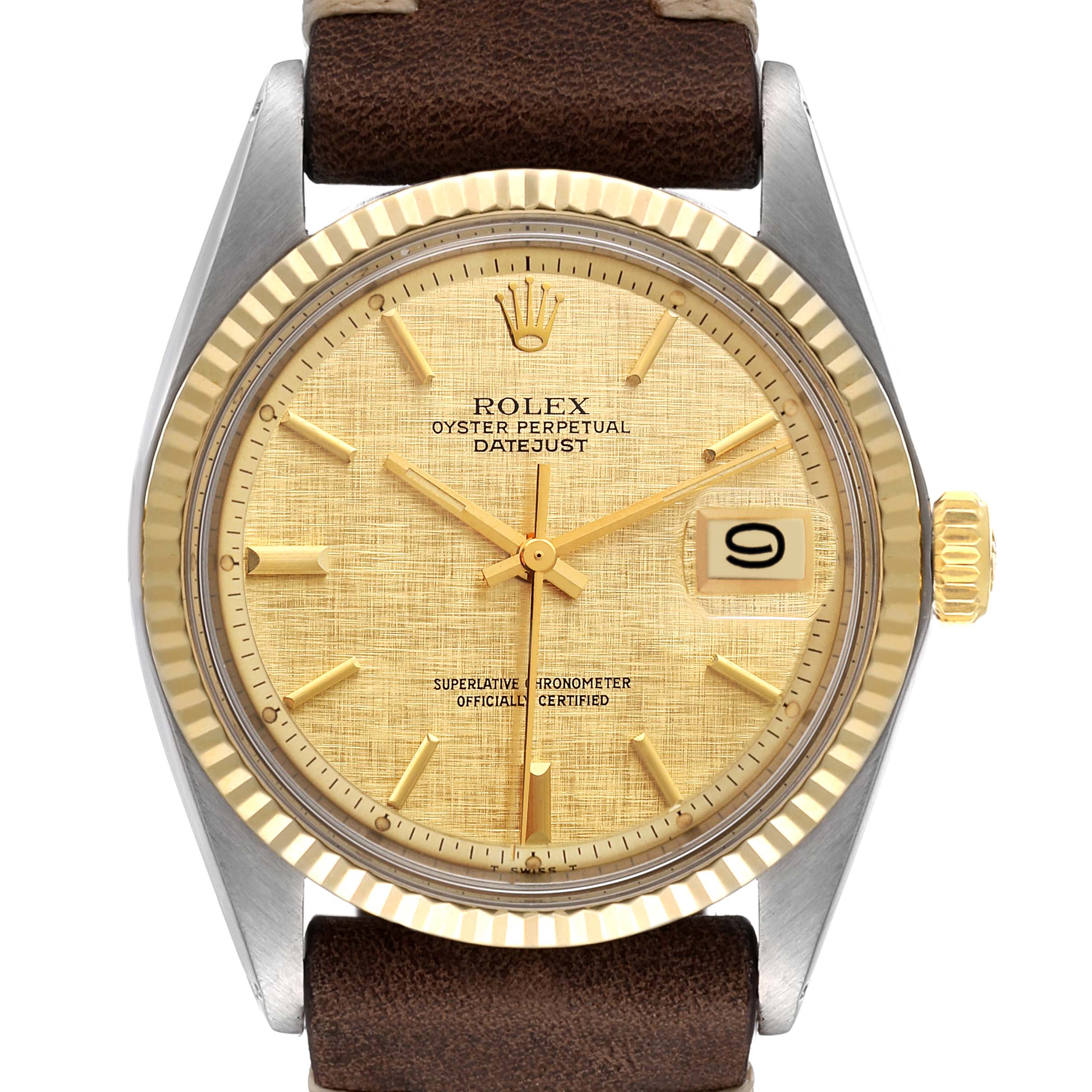 This image shows a front view of a Rolex Datejust 1601 Men
s Steel and Gold (two tone) Champagne Dial 1601 Men
s Steel and Gold (two tone) Champagne Dial watch featuring its face, bezel, and leather strap.